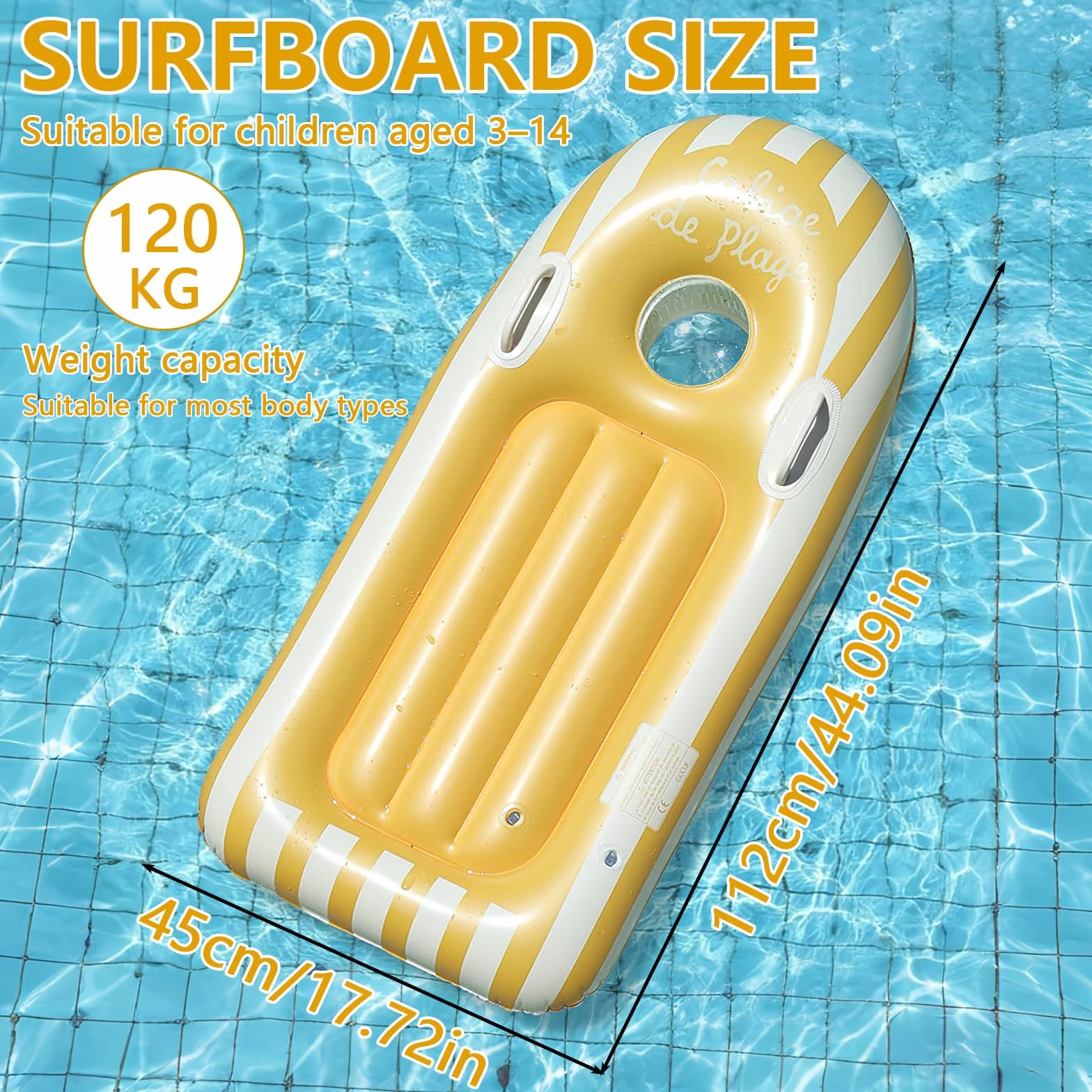 Shyllin Bodyboard Hinchable Niño con Asas 112x45cm Tabla de Surf Ojo de Buey