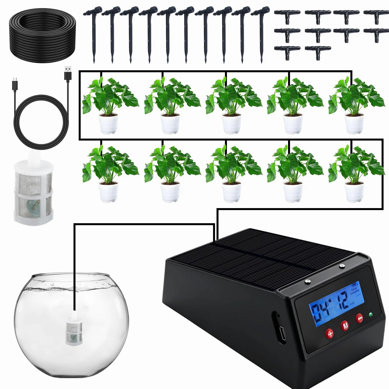 OBEST Kit de Sistema de Riego Solar con 10 Goteros y 10m de Manguera | Modos de Riego Automático, Riego Autónomo para Balcones, Jardines y Plantas en Maceta, Ideal para Vacaciones y Viajes Cortos