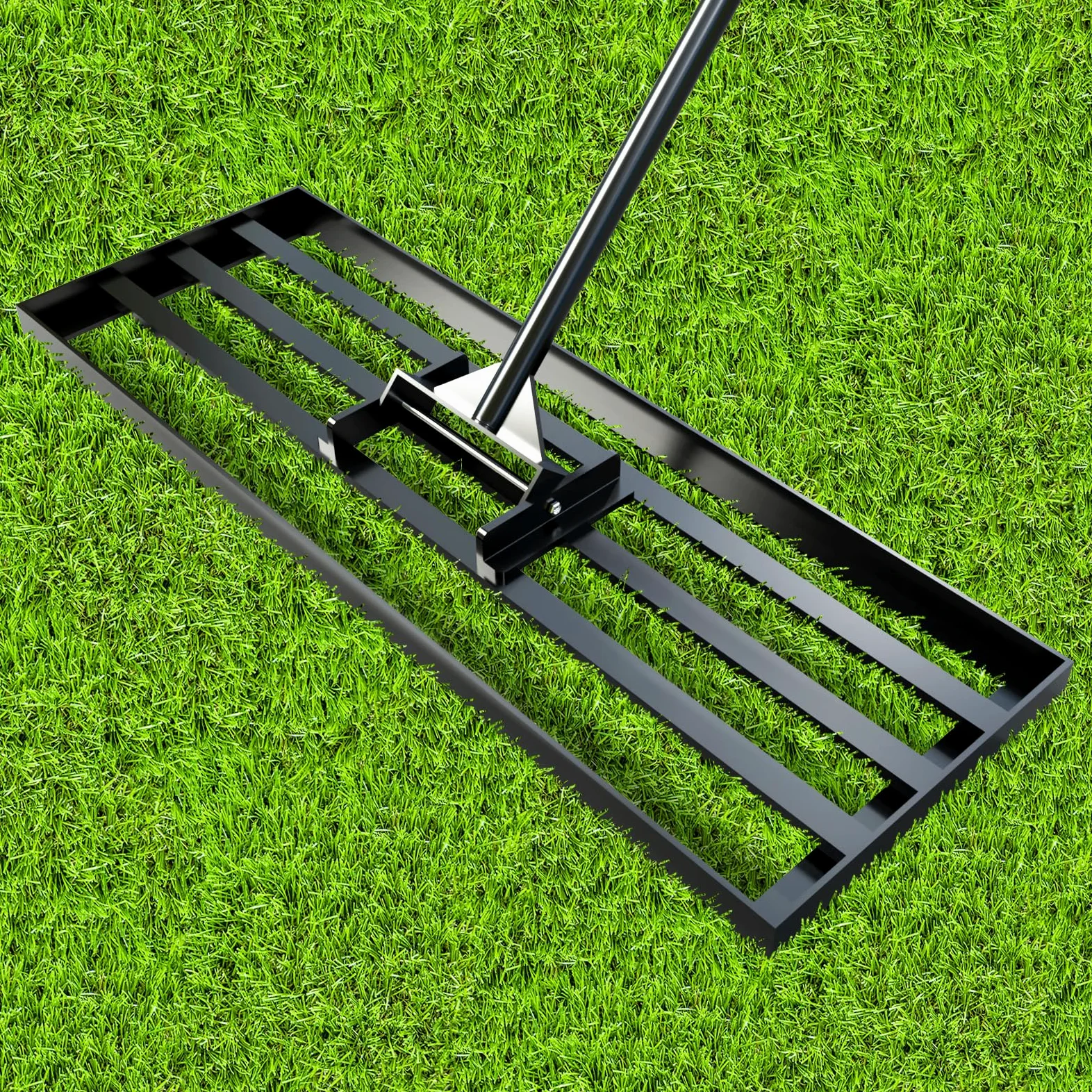 Rastrillo de nivelación de césped de 75 x 25 cm, con sistema de clic de 200 cm, mango ajustable de 200 cm, para césped, arena de césped, nivelación de arena, aireador, rastrillo nivelador de lawn