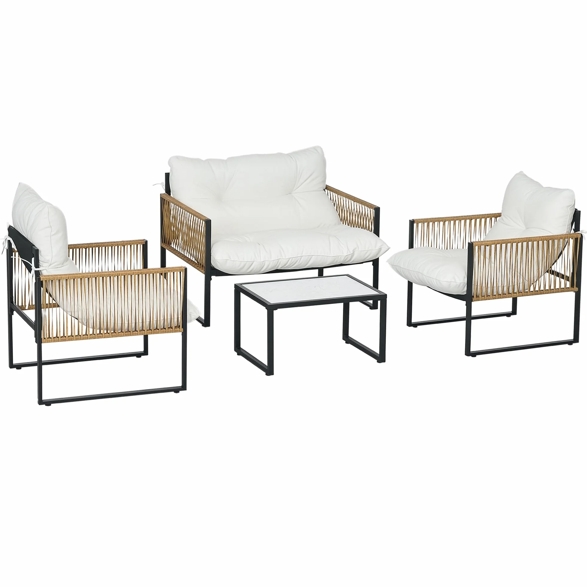 Outsunny Conjunto Jardín Exterior de Ratán, Muebles Jardín Exterior para 4 Piezas, Muebles Terraza con 1 Sofá de 2 Plazas, 2 Sillones, Cojines y 1 Mesa de Tablero de Vidrio, para Patio, Crema y Marrón