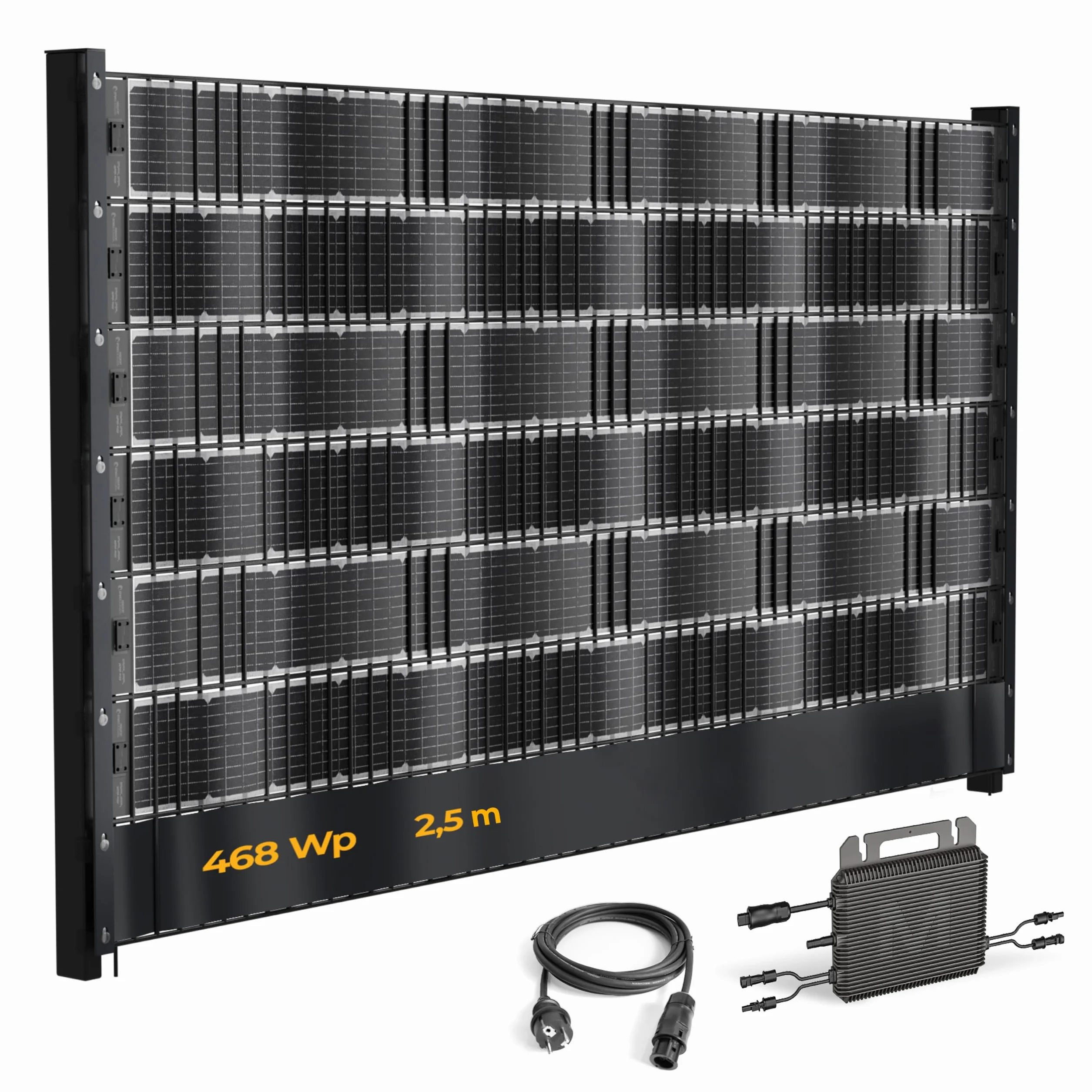 VERTICAL+ Central solar para valla 2,5m – Tiras fotovoltaicas de ocultación bifaciales para valla de doble varilla, 468Wp, Kit completo con inversor y cable Schuko 10m – Listo para enchufar