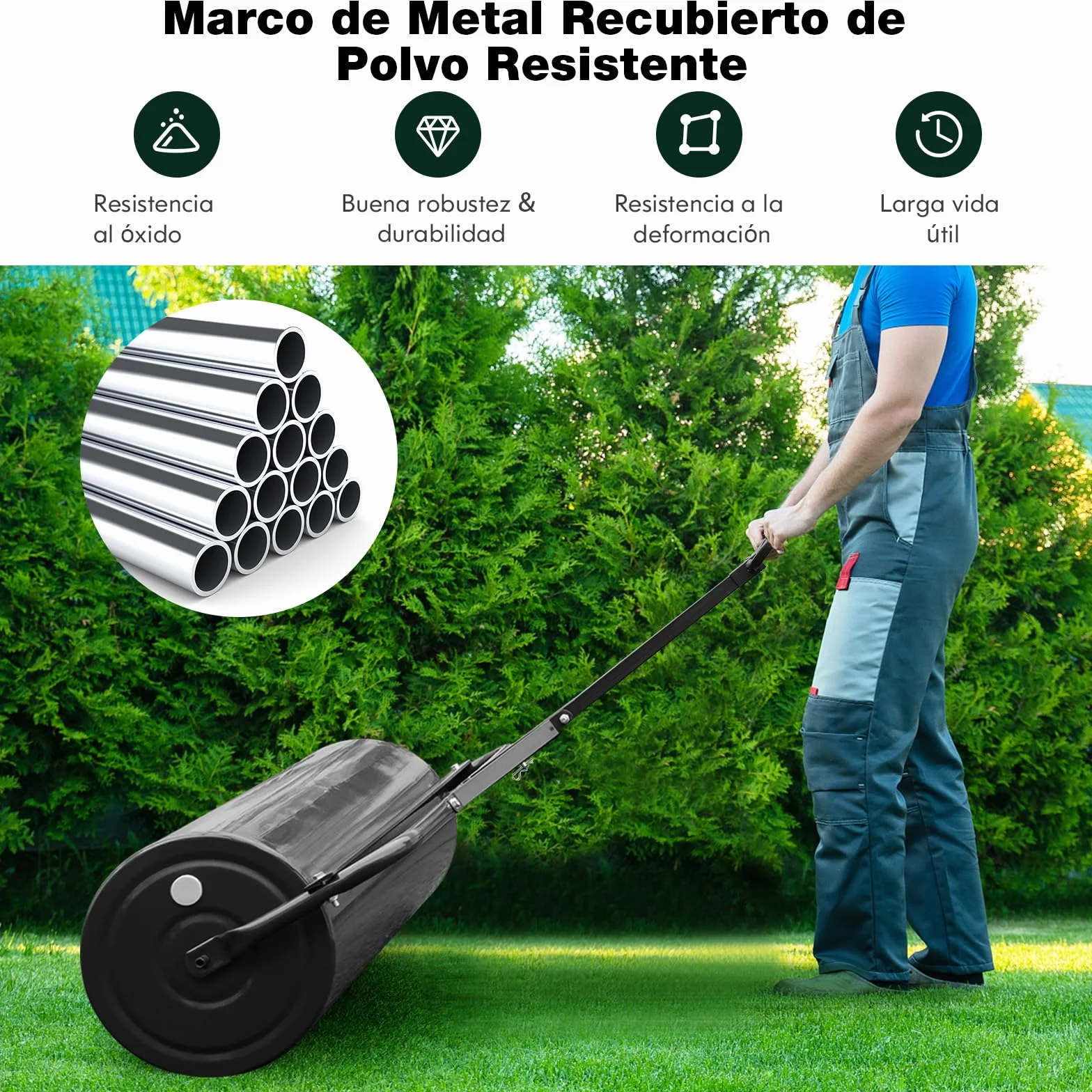 COSTWAY 113L Rodillo de Césped Metálico, Rodillo de Césped para Empujar o Tirar Llenado de Agua o Arena con Mango Desmontable para Jardín, Patio, Parque, Granja (Negro, 146x99x40cm)