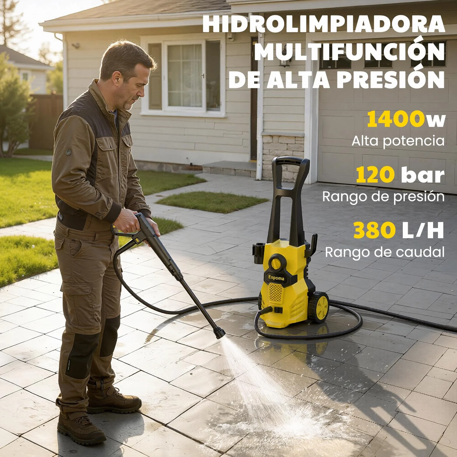 𝟕𝐎%𝟎𝐟𝐟 Hidrolimpiadora de Alta Presión, 120 Bar, Caudal de 380 l/h, área de Trabajo 30 m²/h, Ideal para Hogar, Jardín y Coche –Incluye Manguera de 7m, Bomba de Aluminio, Radio de Acción 12m