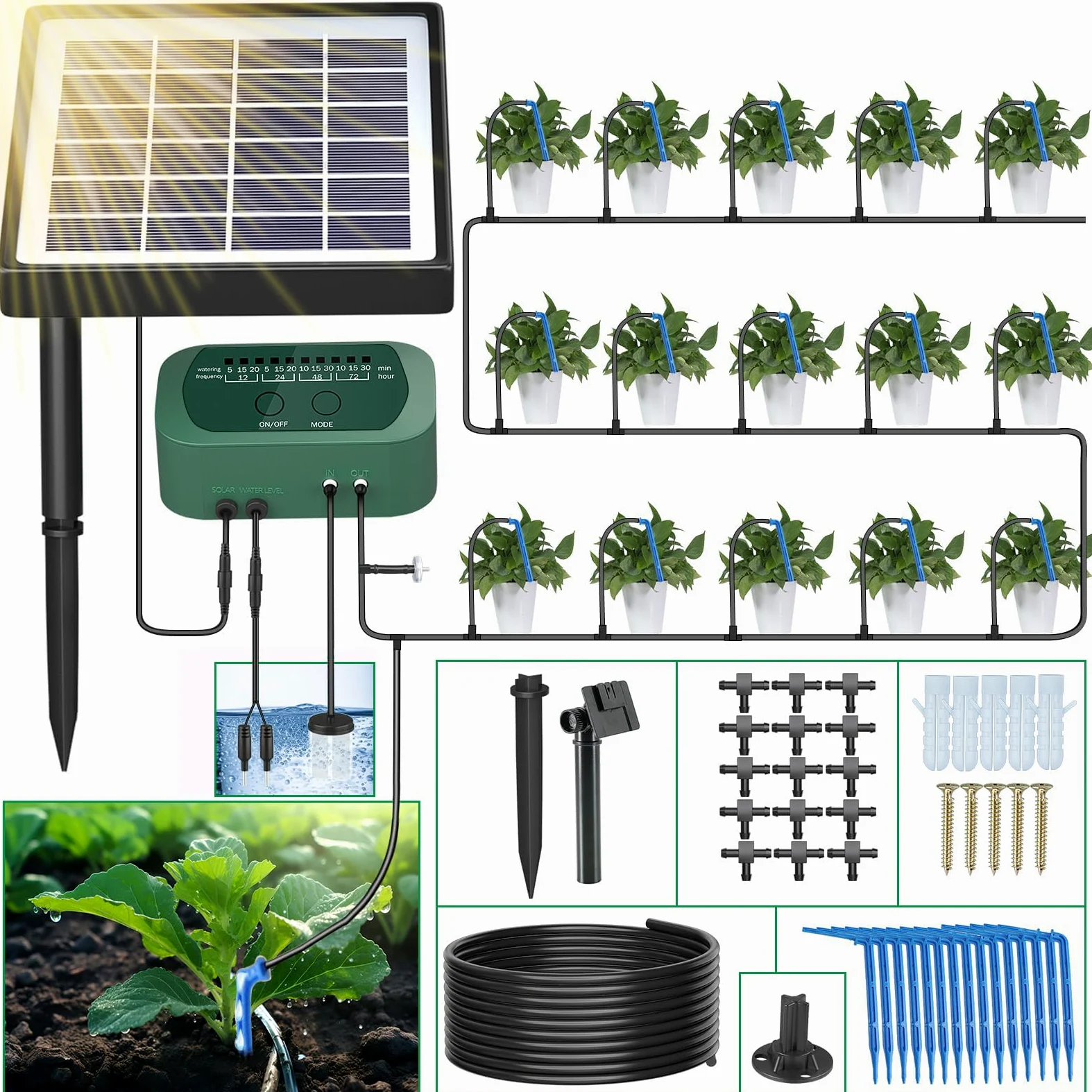 SoulBay Kit de Riego Automático Solar con Temporizador de 12 Modos y Tubo de 150 cm para Plantas en Macetas de Jardín, Interiores y Exteriores
