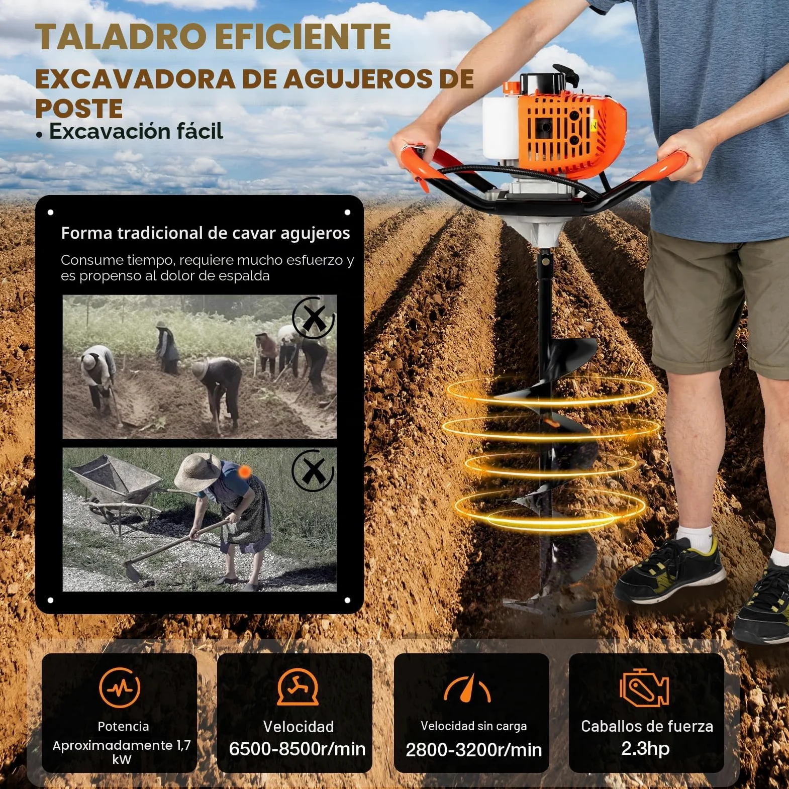 52CC Ahoyadora Gasolina 2 Tiempos Taladro de Tierra Gasolina con 3 Brocas (10/15/20 cm) + 30 cm Extensión Antivibración, Broca Jardín para Plantación de Jardines, Suelto Vegetal Cultivo | Perforadora de tierra de gasolina, varilla de extensión antivibraci