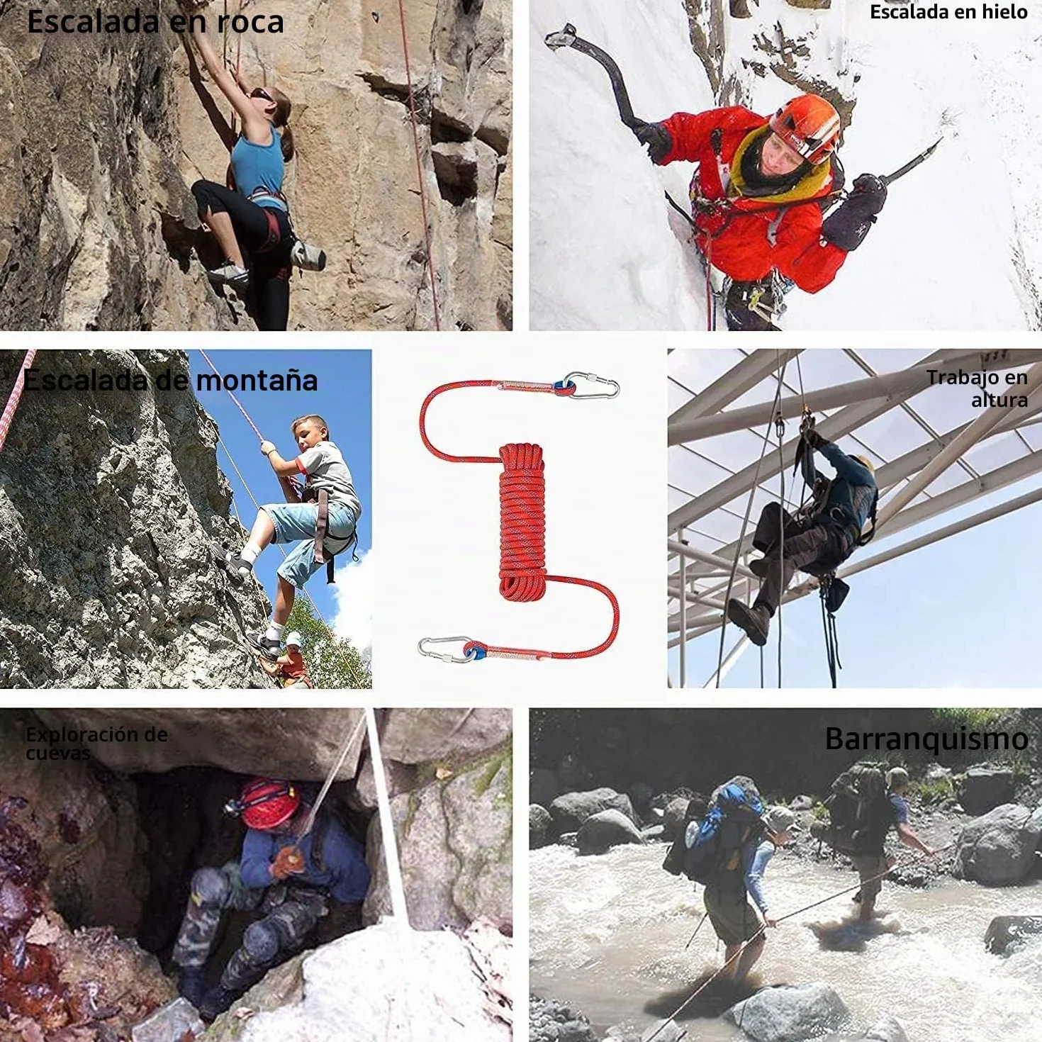 Cuerda de escalada estática 10 mm con mosquetones para seguridad y escape al aire libre