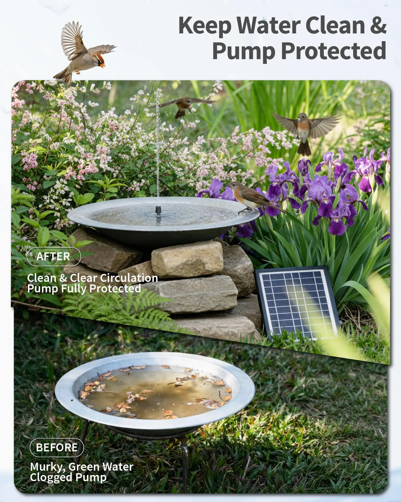 POPOSOAP Bomba solar de 3,5 W para baño de pájaros con caja de filtro, fuente de agua solar con boquillas y tubo para estanque pequeño, pecera y función de agua al aire libre, sin electricidad