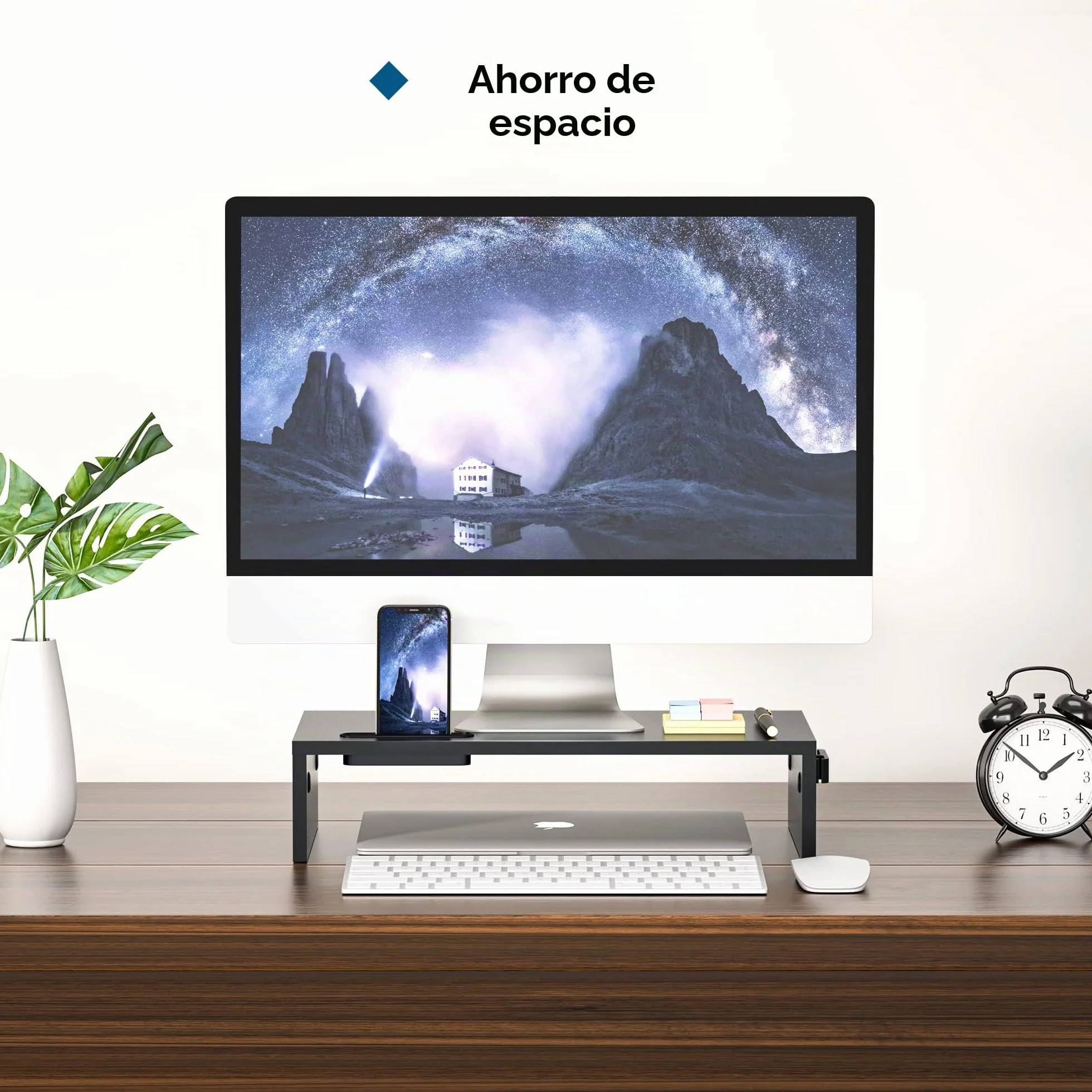 BONTEC Elevador Monitor de Madera, Soporte Monitor 1 Nivel Gestion Cables Ranura Movil Negro 420x235x104mm