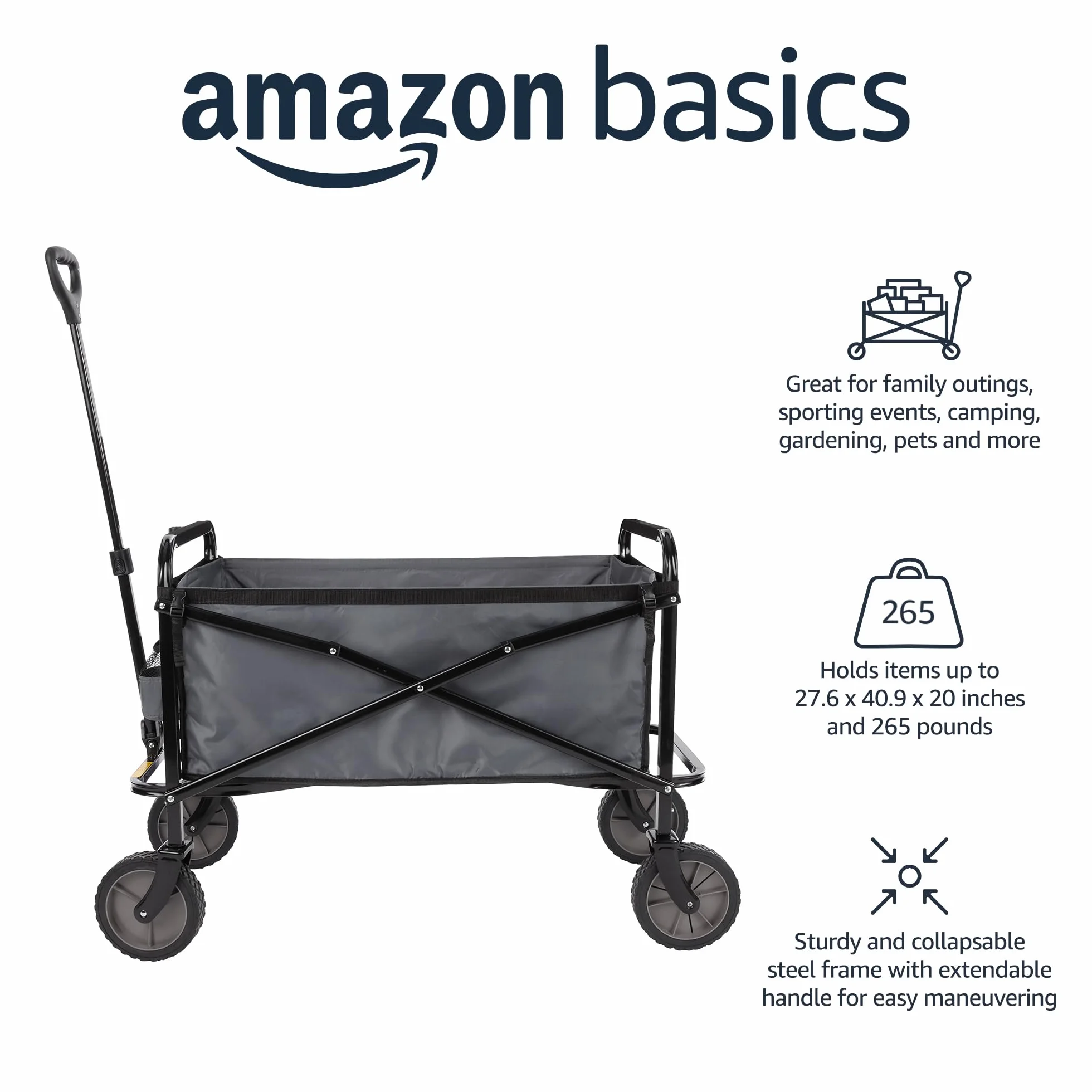 Amazon Basics Carreta plegable para jardín y aire libre con bolsa de cubierta, 70.1 x 103.89 x 50.8 cm, gris