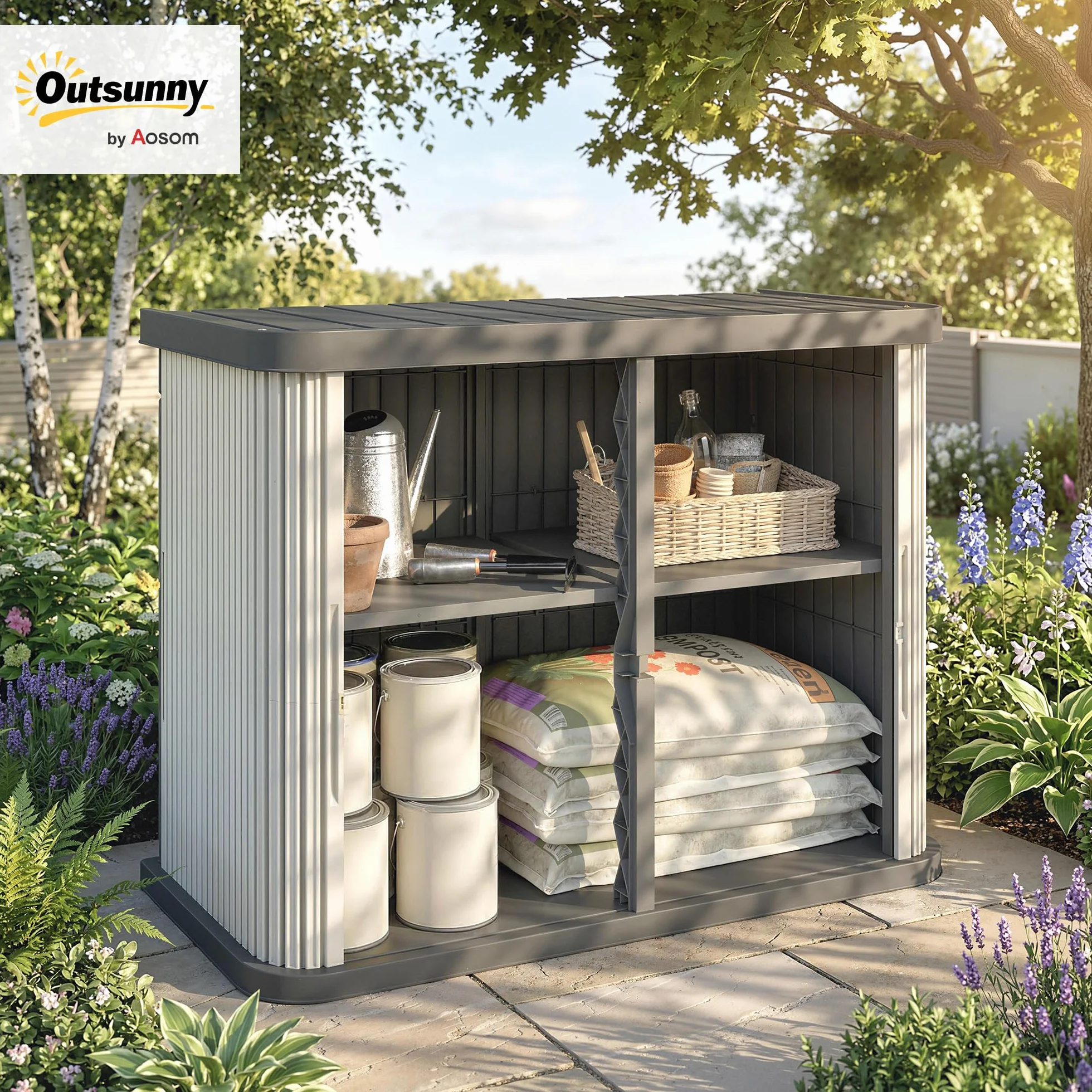 Outsunny - Caja de almacenamiento exterior (480 L, 2 niveles, con puertas correderas, caja de jardín resistente a los rayos UV, para jardín, terraza, 120,5 x 59,5 x 92 cm, color marrón claro