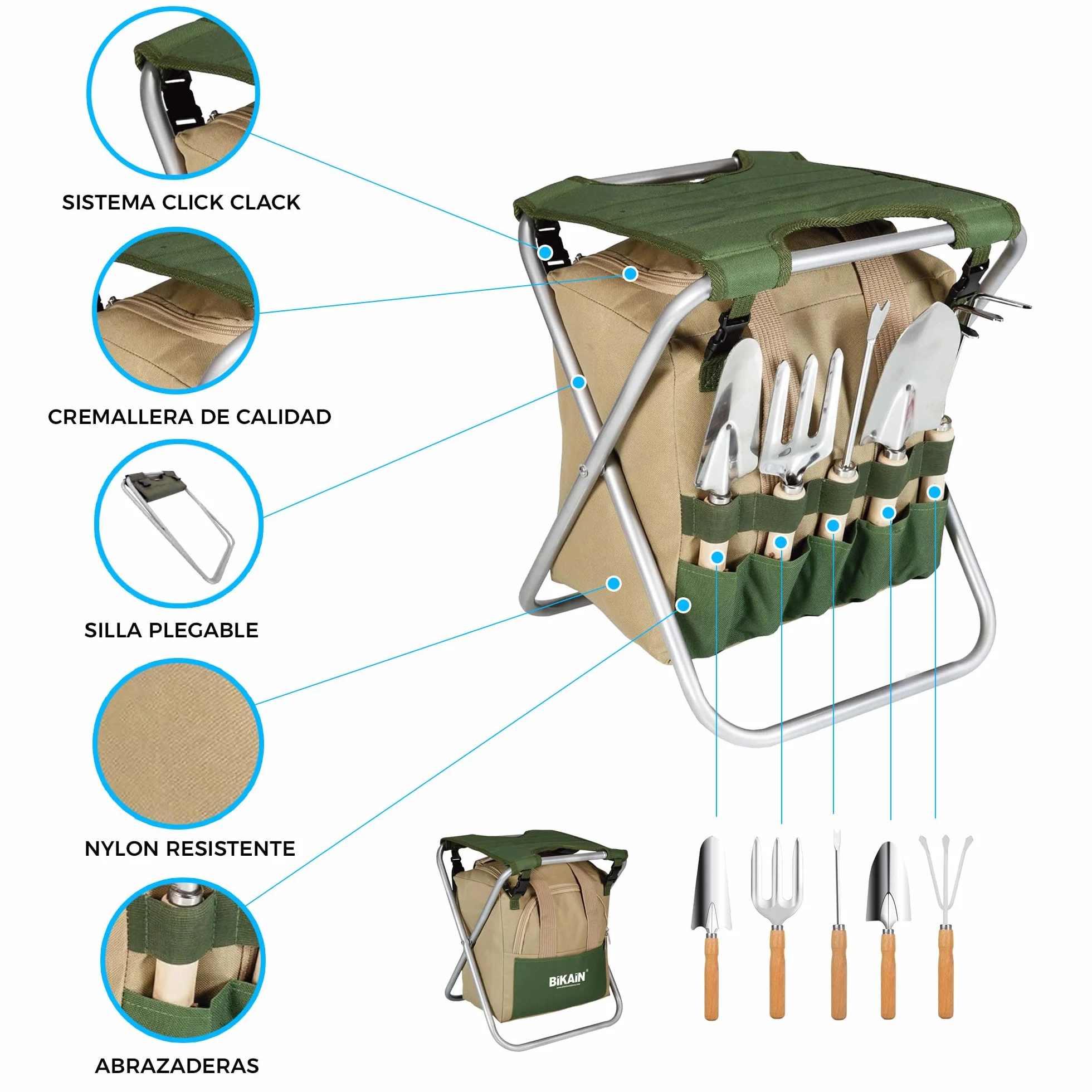 BIKAIN - Herramientas de Jardinería - Taburete Plegable + Bolsa + Herramientas - Kit de Jardinería - Bolsa de Almacemiento con Cremallera - Incluye 5 Herramientas con Mango de Madera