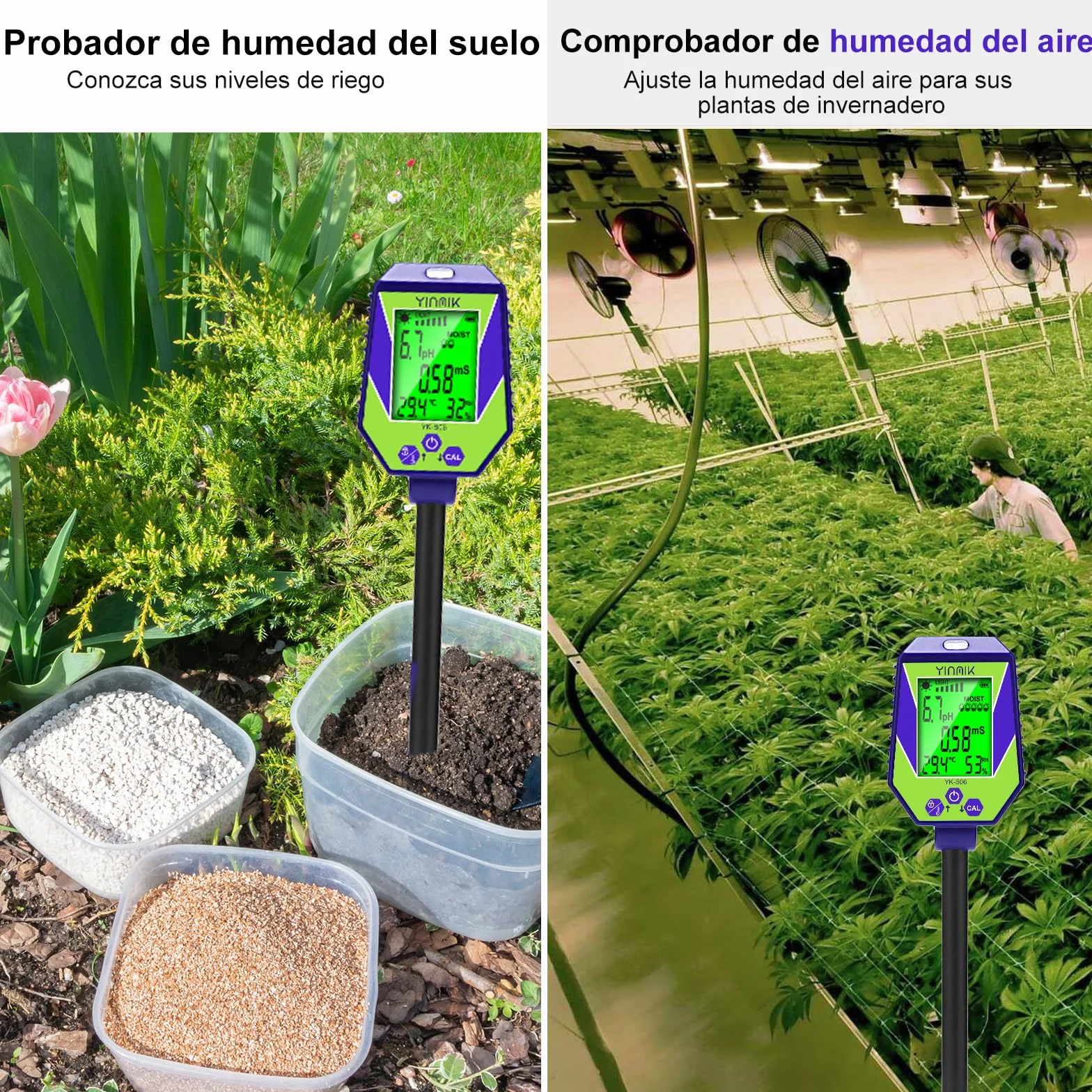 YINMIK Medidor de pH del suelo 6 en 1, medidor inteligente de humedad, conductividad y salinidad, y analizador de calidad del agua. Kit de prueba de pH del suelo ideal para jardines, granjas y bonsáis