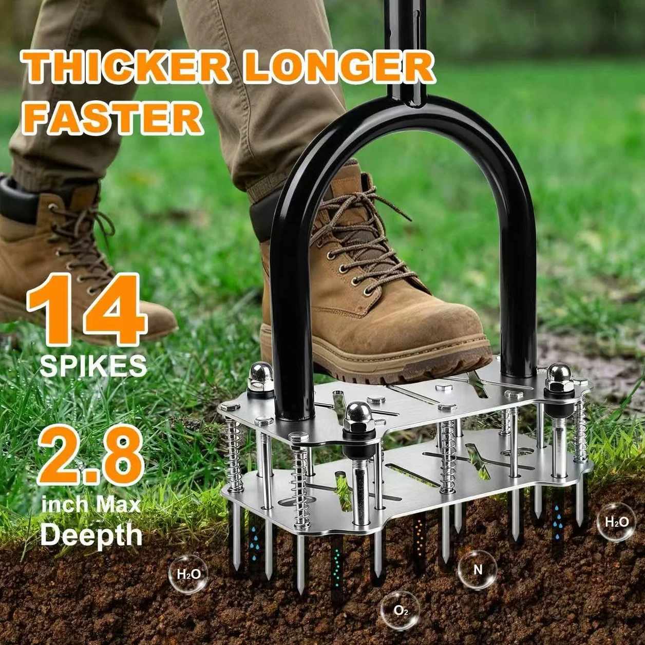 Aireador de Césped con 14 Púas, Aireador Manual de Césped con Plataforma Antideslizante, Escarificador y Aireador para Suelo Compactado, Herramienta de Aireación para Césped, Jardín Cuidado del Pasto