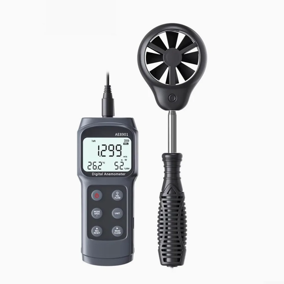 Anemómetro digital de mano, impulsor dividido, medidor de velocidad del viento con detector de temperatura y humedad, monitor de flujo de aire, herramienta CFM HVAC, rango de 0.3-45m/s
