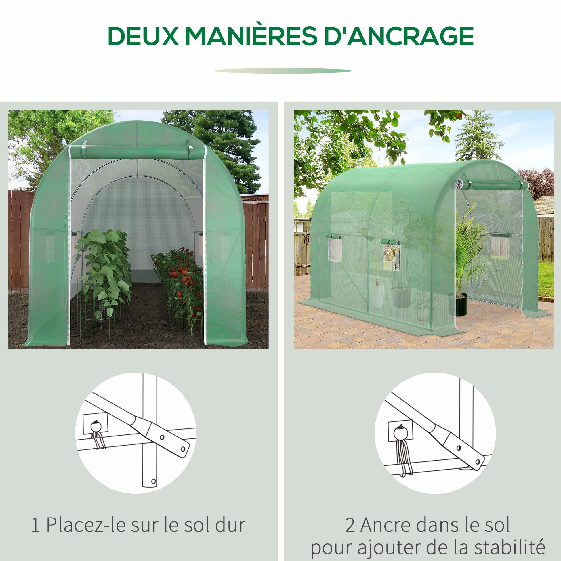 Outsunny – Invernadero de jardín (túnel chasis Tubular reforzados con puertas con cremallera ventanas enroulables verde | Marco tubular reforzado, 4 ventanas enrollables, marco de metal