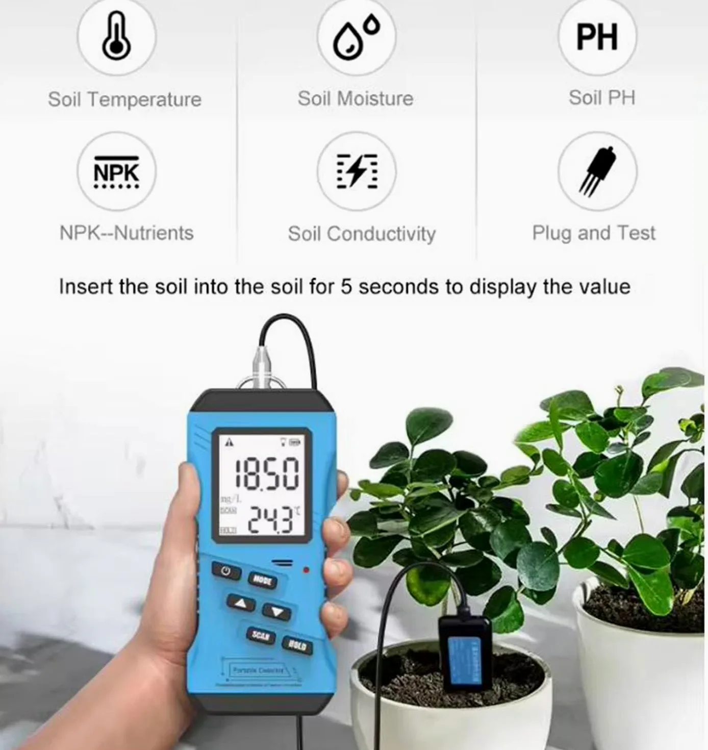 Detector de suelo 7 en 1 de alta precisión, nitrógeno, fósforo, potasio, pH y humedad, sensor de agua, conductividad, fertilizante EC