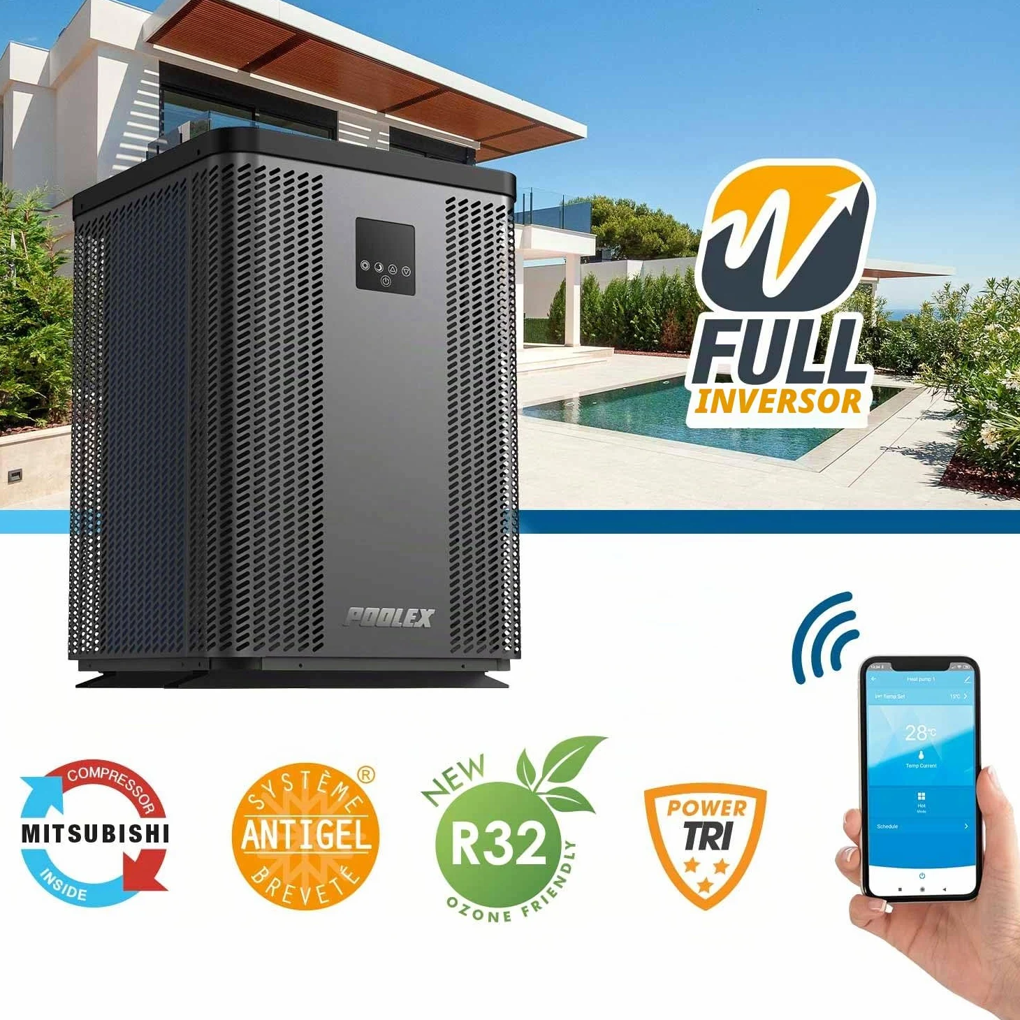 POOLEX PC-TOP060 Silverline Top – Bomba de calor vertical monofásica para piscina 20-40 m3 – Full Inverter – Calefacción y refrigeración – Diseño premium y duradero – Compatible con tratamiento de sal