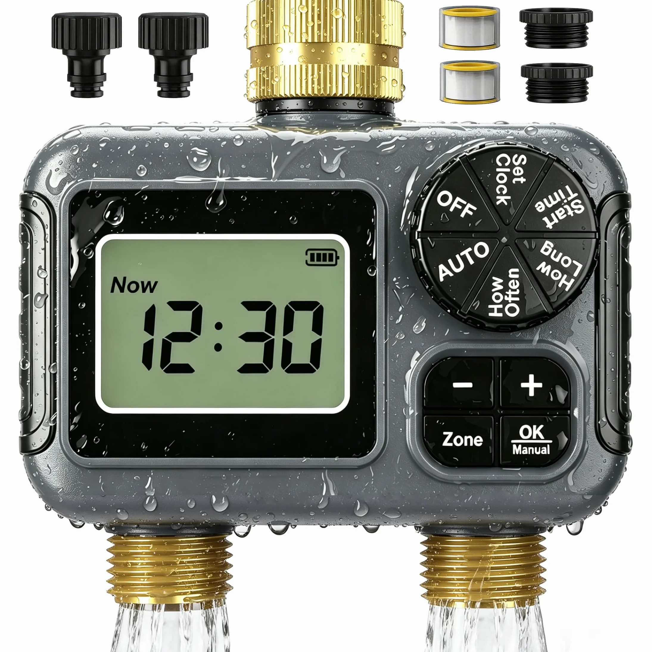 Programador de Riego 2 Salidas, IPX5 Impermeable Temporizador Riego con Entrada y Salida de Latón, Retardo por Lluvia, Riego Automático y Manual, Programador Riego a Pilas para Jardín Césped