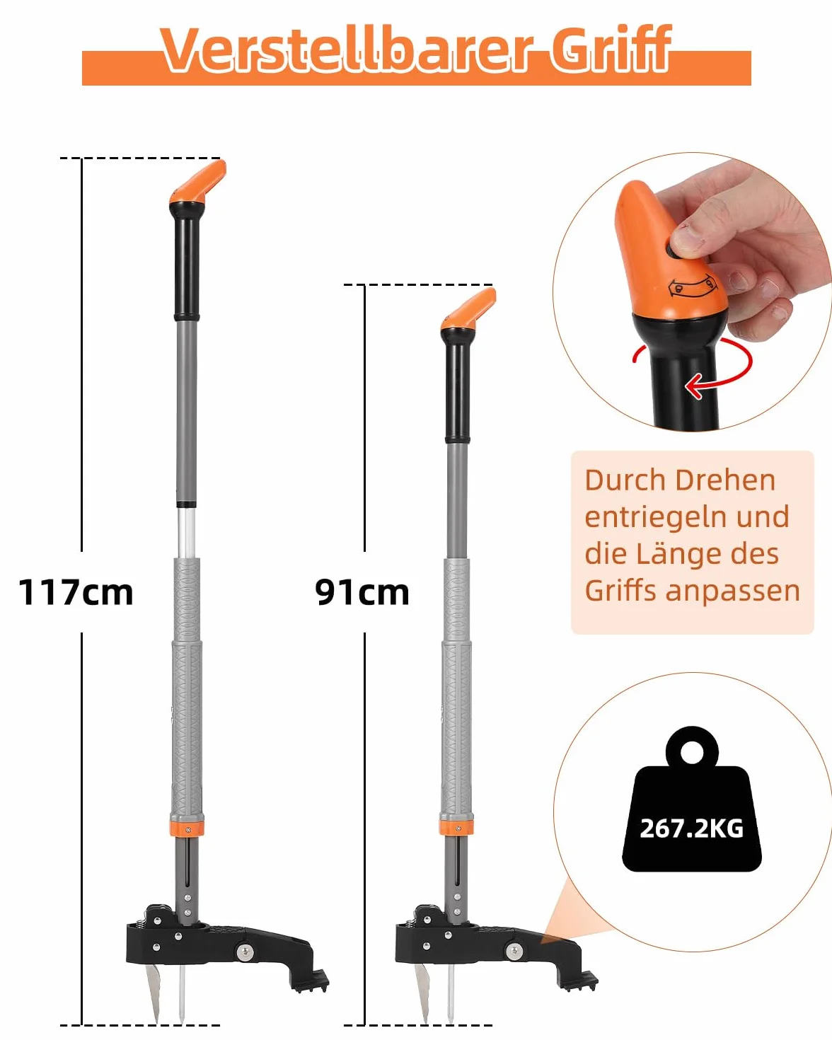 HAUSPROFI Extractor Malas Hierbas (Longitud de 91 cm a 117 cm), Bolsa de Jardinería de 50 litros, 4 Dientes de Rastrillo, Diseño de Retorno Automático, para el Mantenimiento del Césped