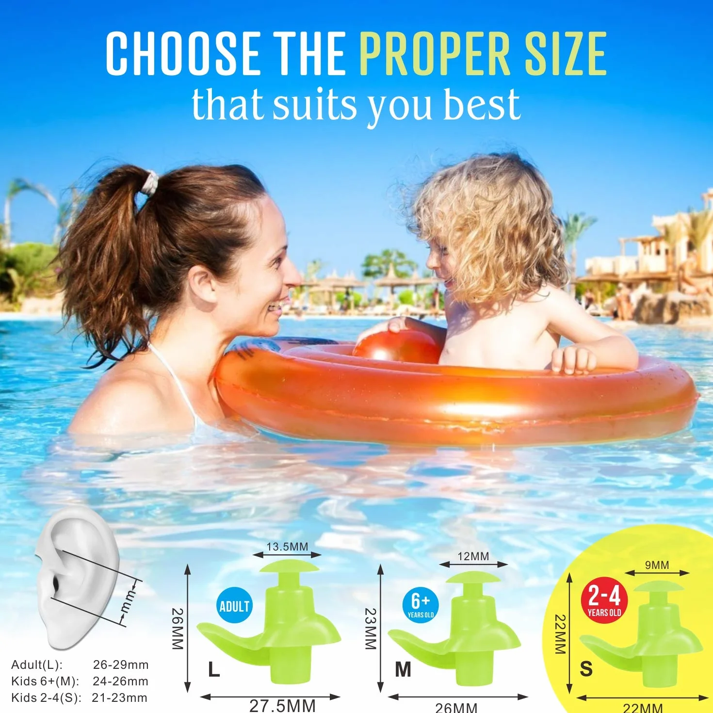 Hearprotek Tapones para los oídos Natación Silicona Reutilizables Impermeables 2 Pares Verde