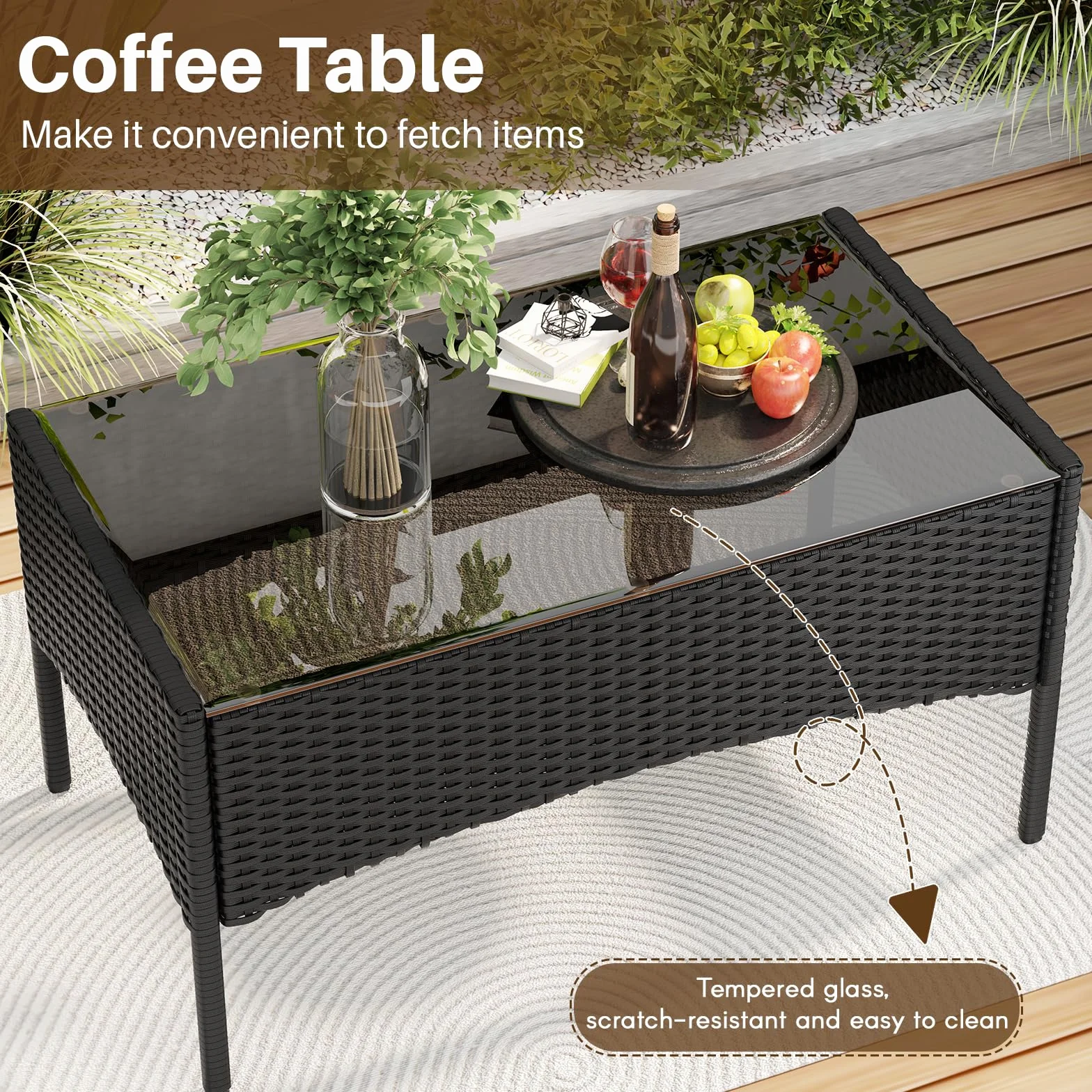 bigzzia Juego de muebles de jardín, salón de ratán, 4 asientos con mesa, 2 sillones y sofá de 2 plazas, negro