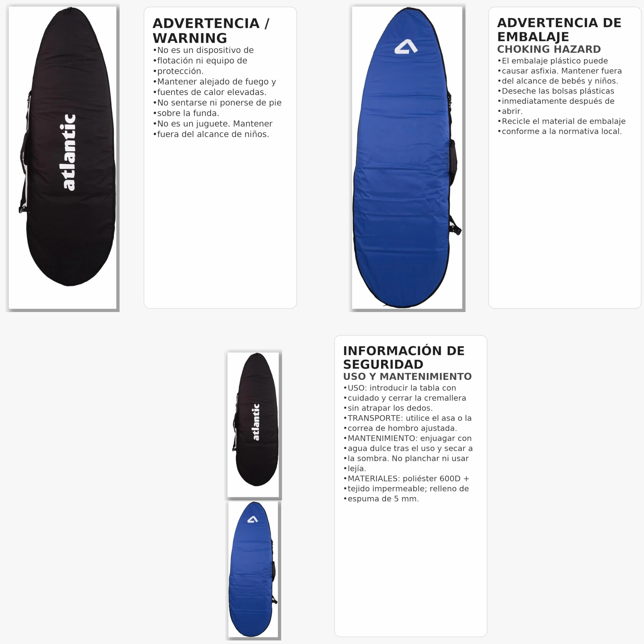 Atlantic Boards Funda Tabla Surf Plateado Azul 6'0