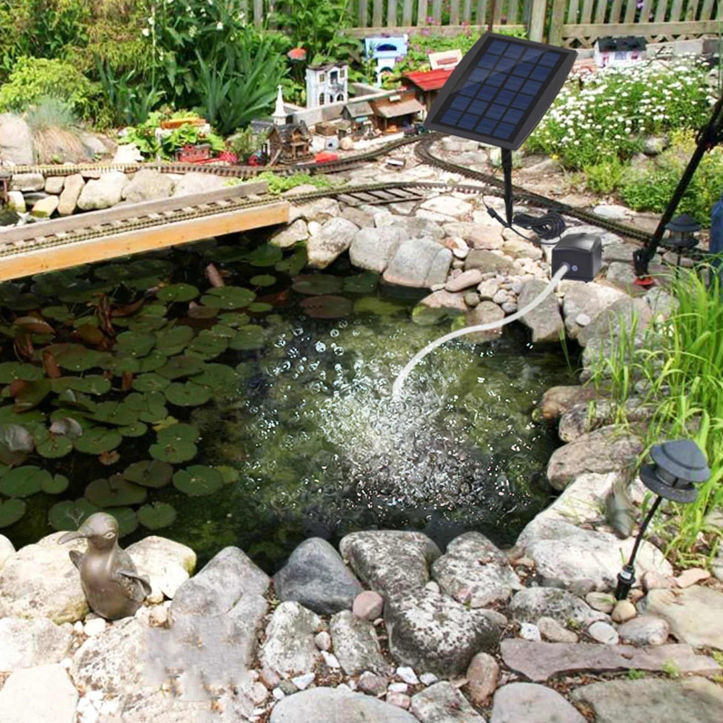 Bomba de Aire Solar 2.5W Oxigenador con Placa de Batería Piedras de Burbuja Línea de Aire para Tanque de Peces de Jardín Estanque Exterior Jardinería Circulación de Agua MY06