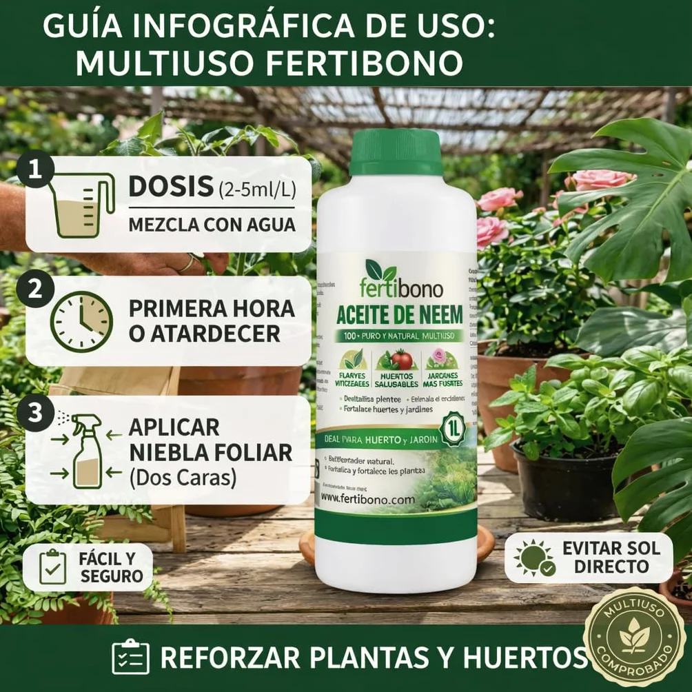 FERTIBONO Aceite de Neem 100% Puro, 1 L, Prensado en Frío, Multiusos para Plantas, Huerto y Jardín