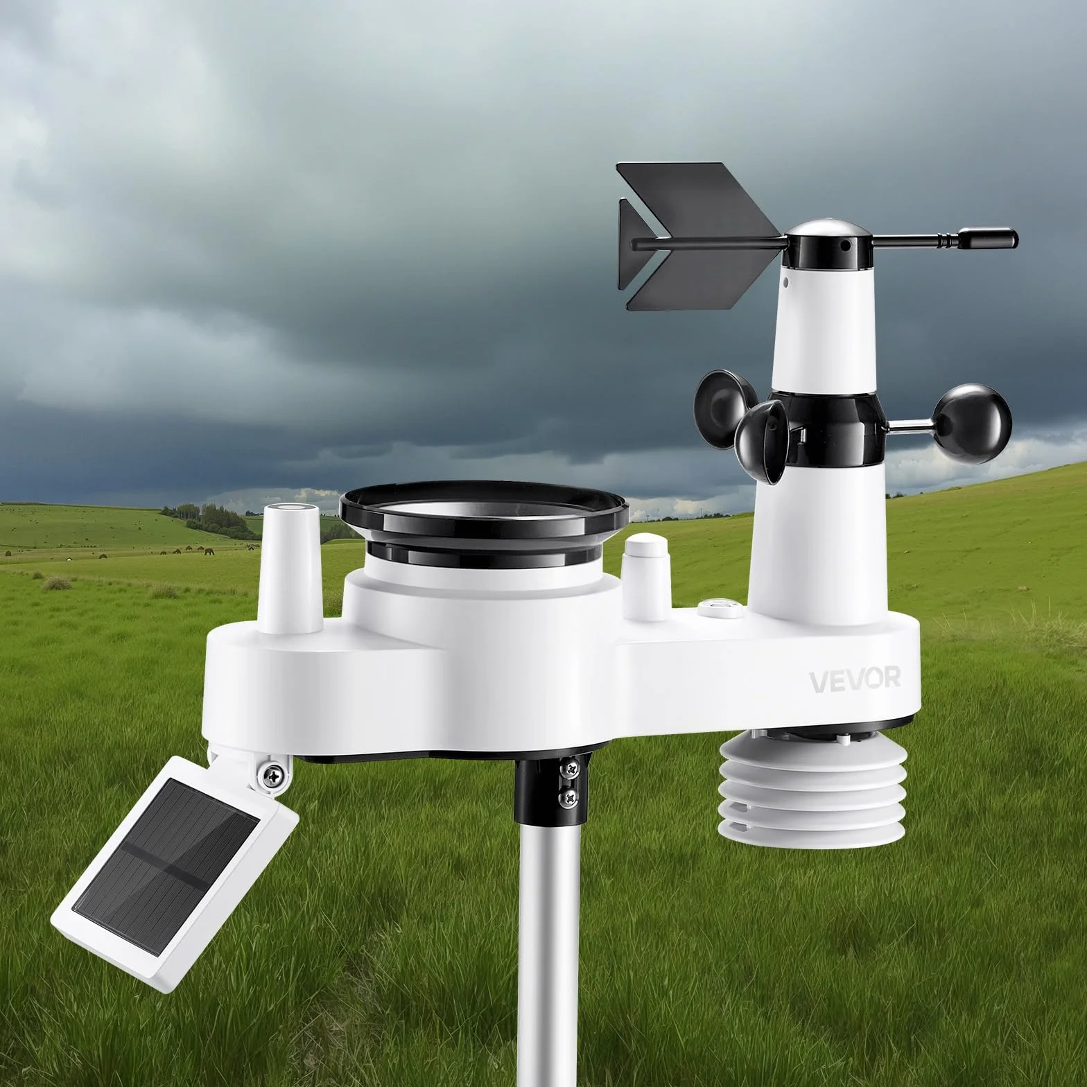 VEVOR Estación Meteorológica Wifi 7 en 1, con App, Pantalla VA de 190,5 mm, Sensor Solar Inalámbrico, Pluviómetro, Pronóstico del Tiempo, Velocidad del Viento, Temperatura, Humedad y Precipitación