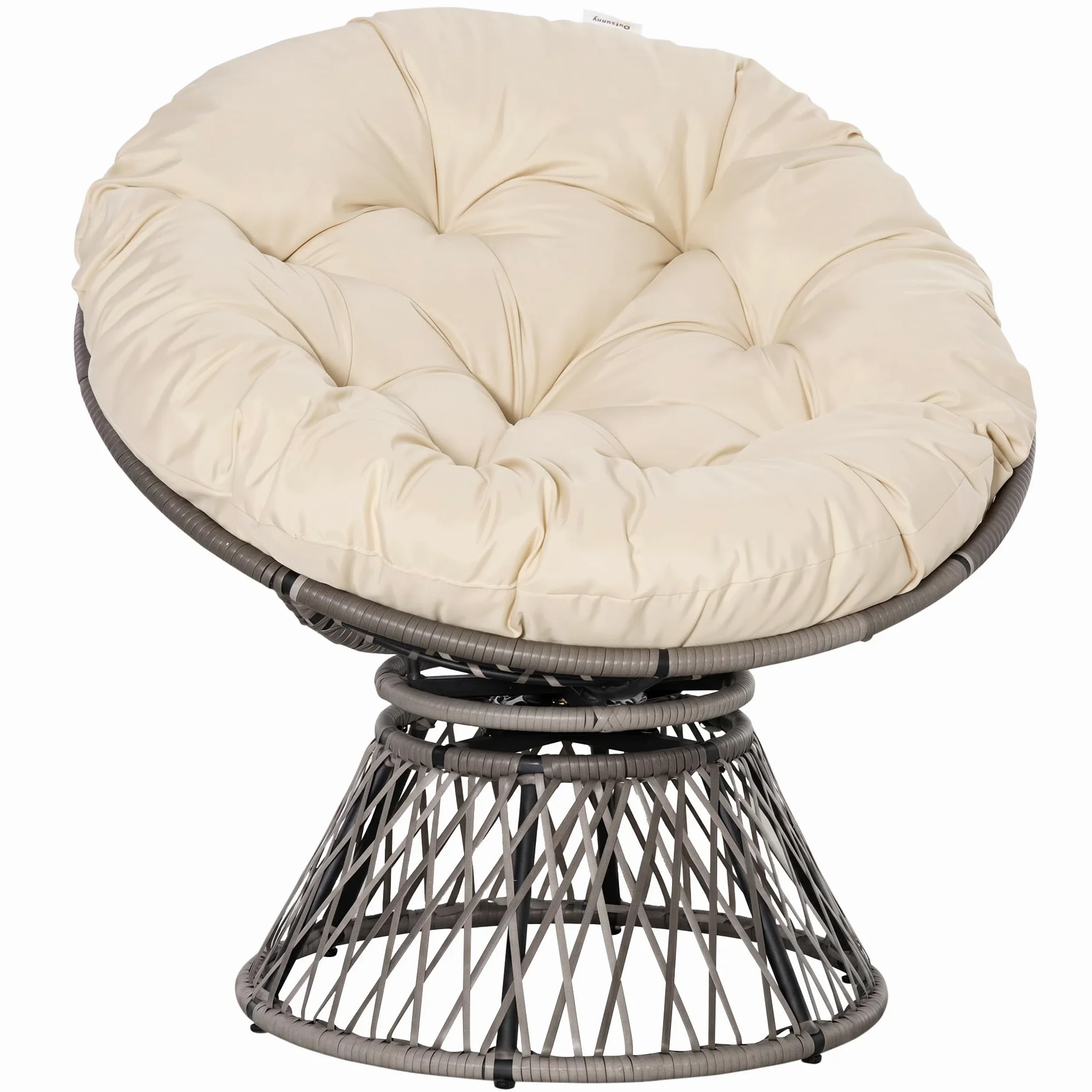 Outsunny Sillón Papasan Giratorio 360° de Ratán Sintético Silla Ovalada de Mimbre PE con Cojín y Marco de Acero Carga 160 kg para Jardín Patio Terraza 87x97x86 cm Gris y Crema