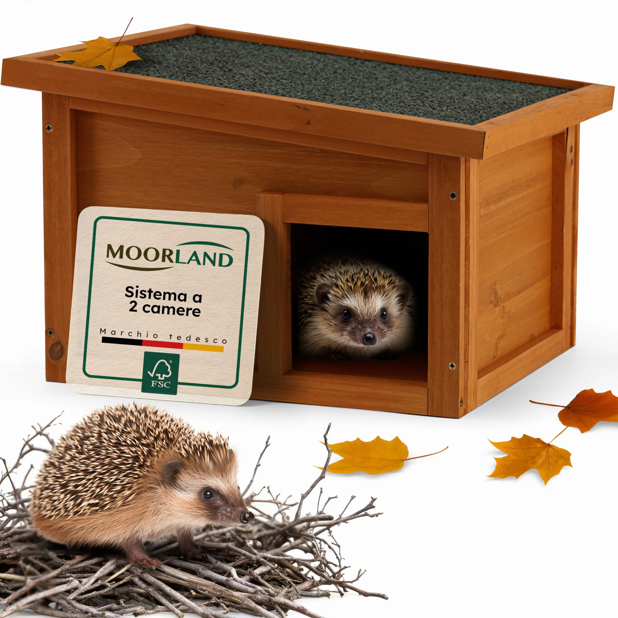 Moorland Casa de hibernación para erizos – Refugio de Invierno en Madera FSC 40×34 cm, Entrada laberíntica ventilada, Base, Techo extraíble, Resistente a la Intemperie para jardín