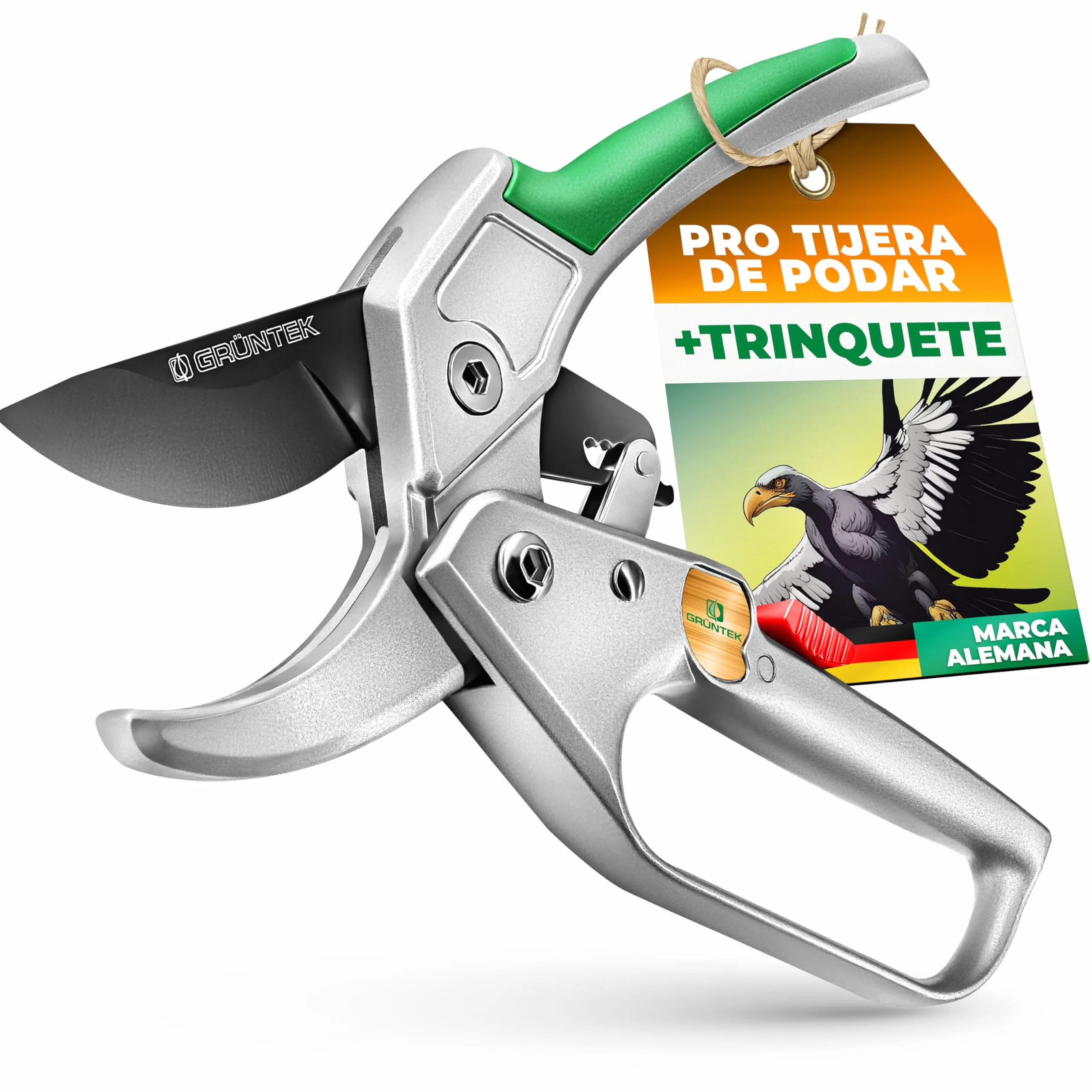 GRÜNTEK Tijeras de Podar Jardín Profesional Cóndor 20cm con Trinquete, Tijera de Yunque Recolectora, Cortarramas con Hoja de Acero Antiadherente y Mangos de Aluminio