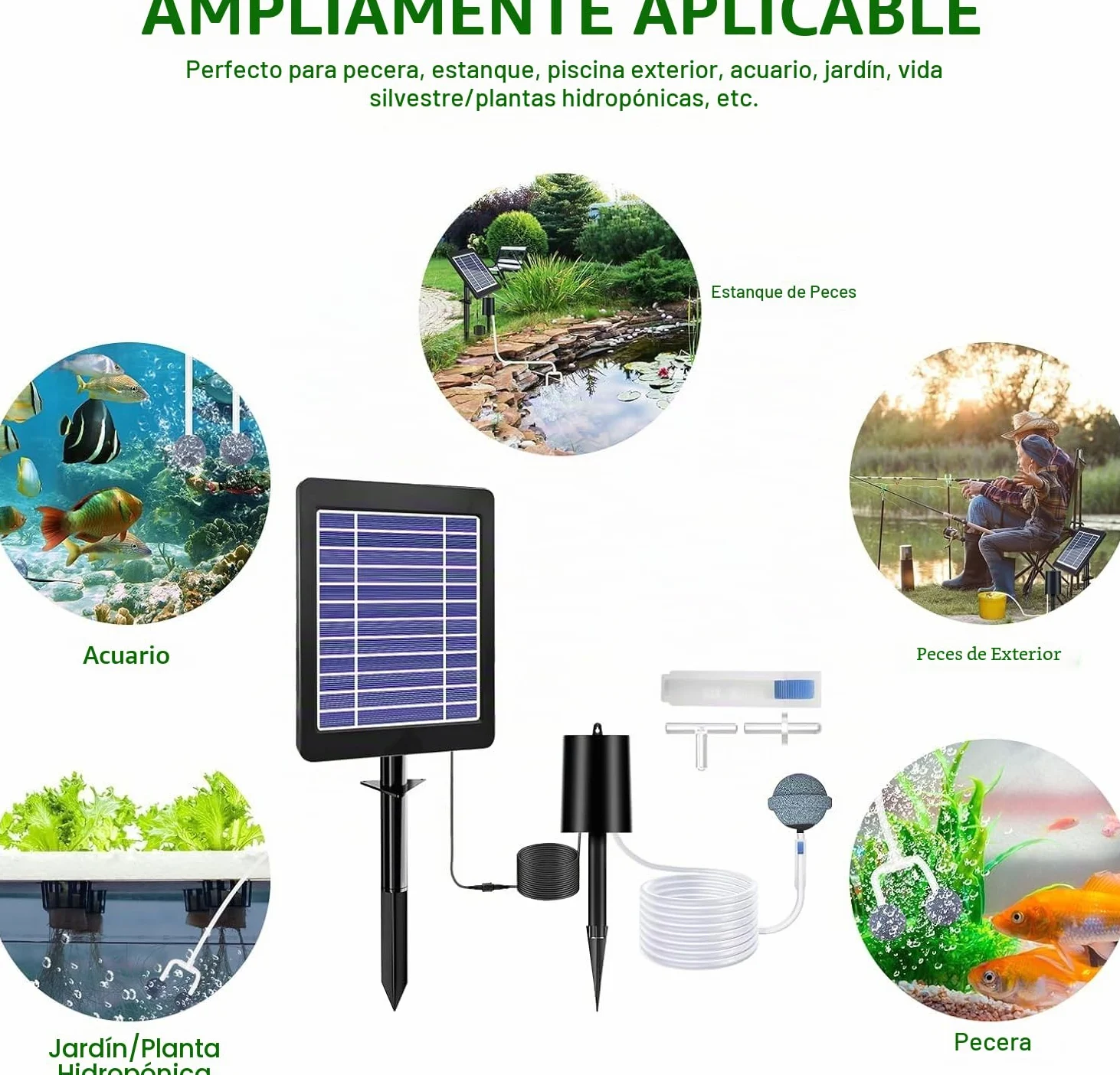 Aireador Solar para Estanques Con Bomba de Aire, 3 Modos (18H/36H/72H), 4 W y 2200 mAh, Regulador de Burbujas para Uso Al Aire Libre