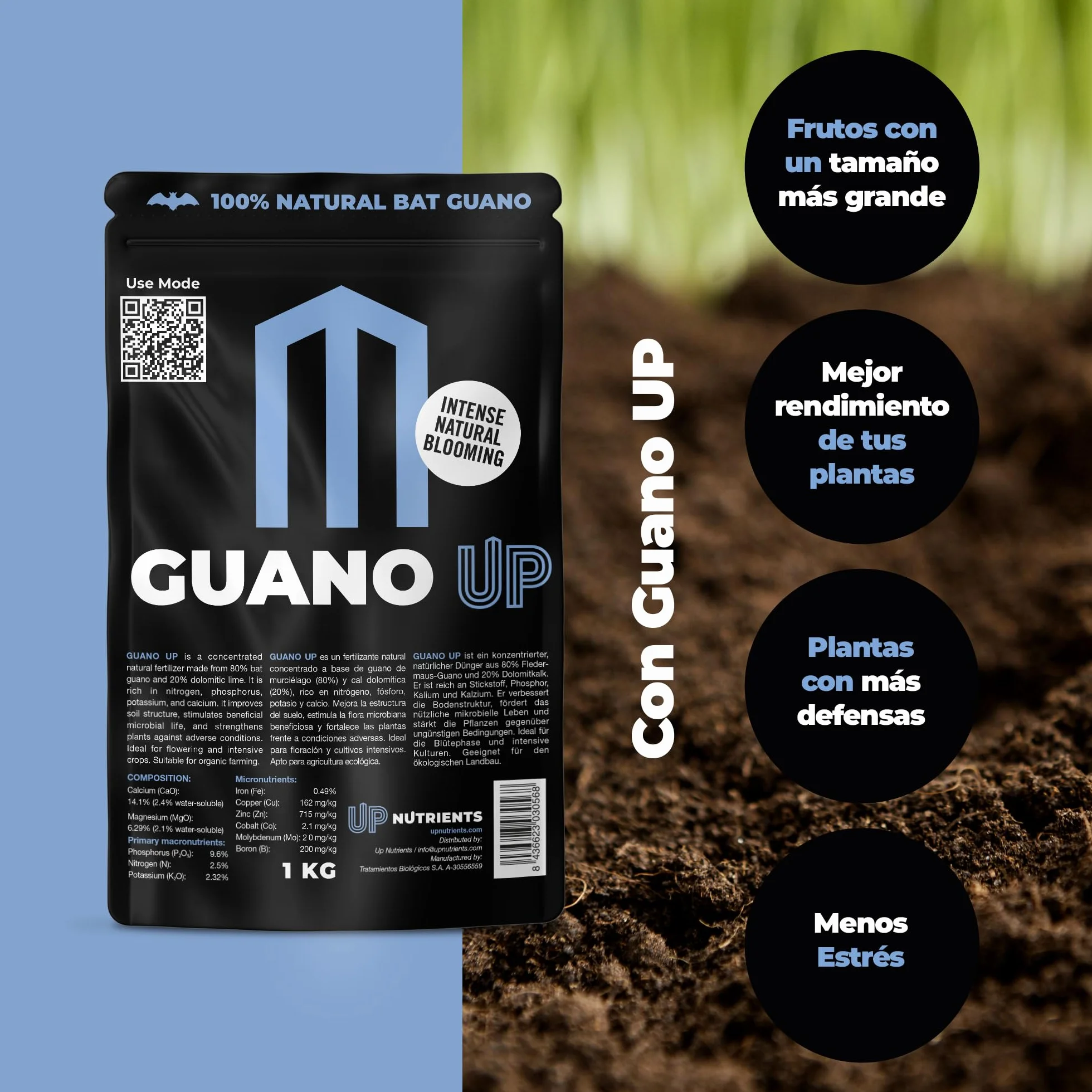 UP NUTRIENTS Fertilizante GUANO UP de Murcielago 100% Natural 1 Kg | Abono Natural con Cal Dolomita | Plantas y Cultivos | Agricultura Ecologica Floracion Intensa, Mejora Sustrato y Crecimiento