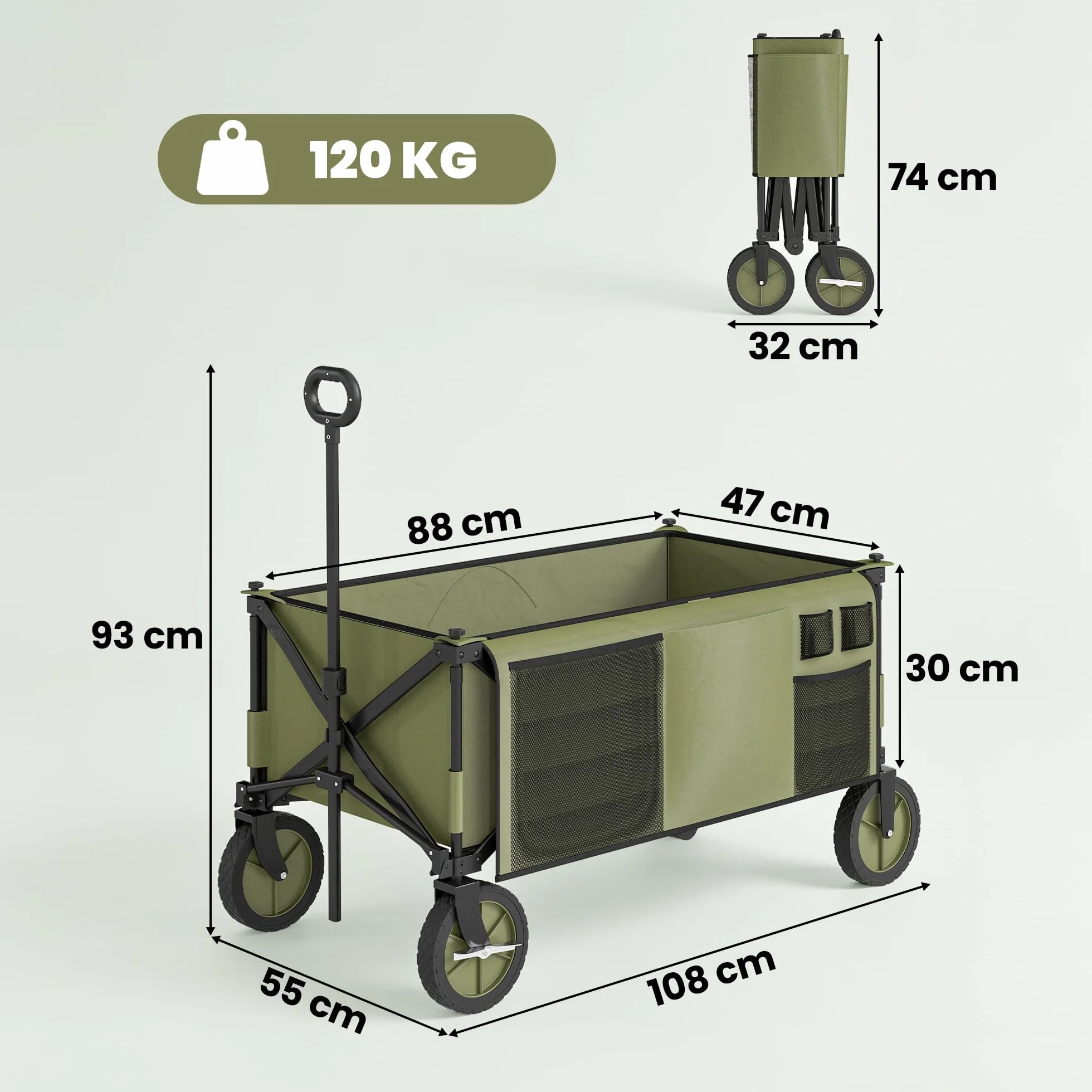 Outsunny Carro Plegable de Jardín con Ruedas Carro para Playa con Mango Telescópico Tablero Plegable 5 Bolsas Marco de Acero Carga 100 kg para Compra Patio 108x55x93 cm Verde