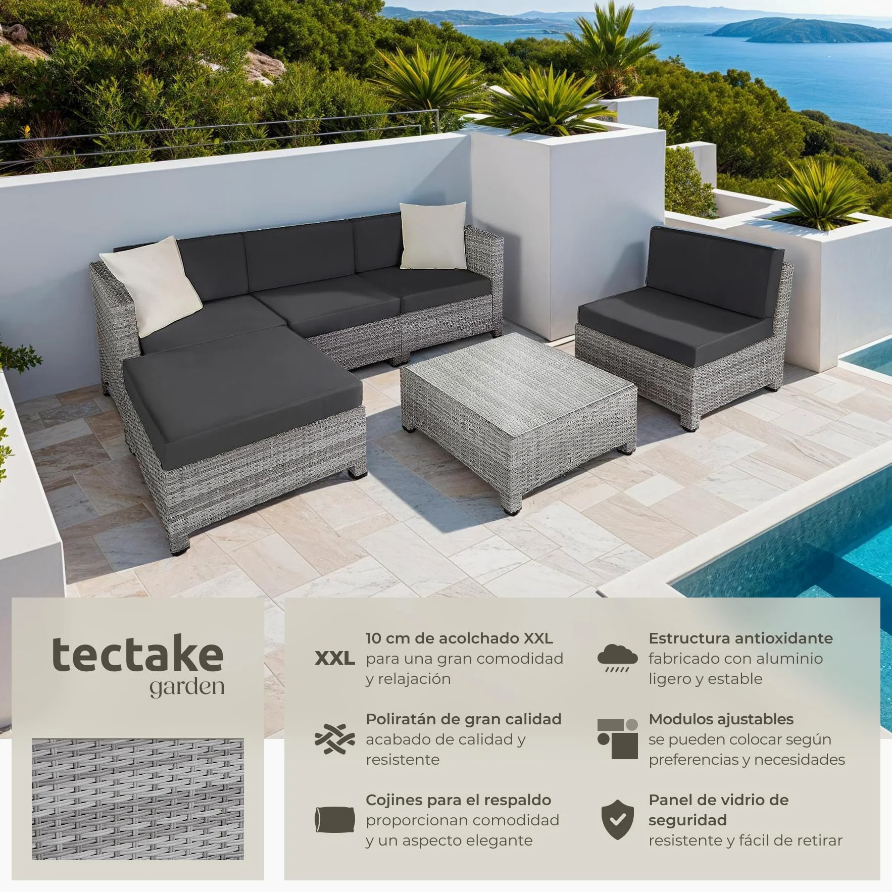 tectake® Conjunto Jardín de Ratán con Cojines y 2 Juegos de Fundas, Conjunto Terraza Resistente a la Intemperie, Muebles Jardín Exterior 4 Sillones, 1 Mesa, 1 Puf, con Tornillos en Acero - Gris Claro