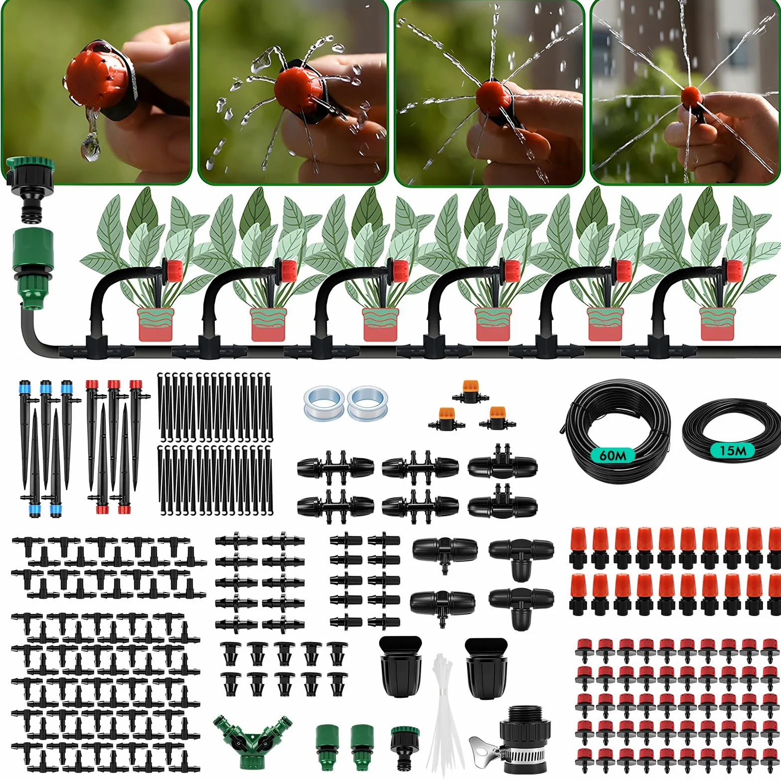Nikou Sistema de riego de jardín, 315 unidades, juego automático de riego por goteo, 60 m + 15 m, tubos de riego de jardín, sistema de refrigeración para paisajes, flores, césped, terrazas