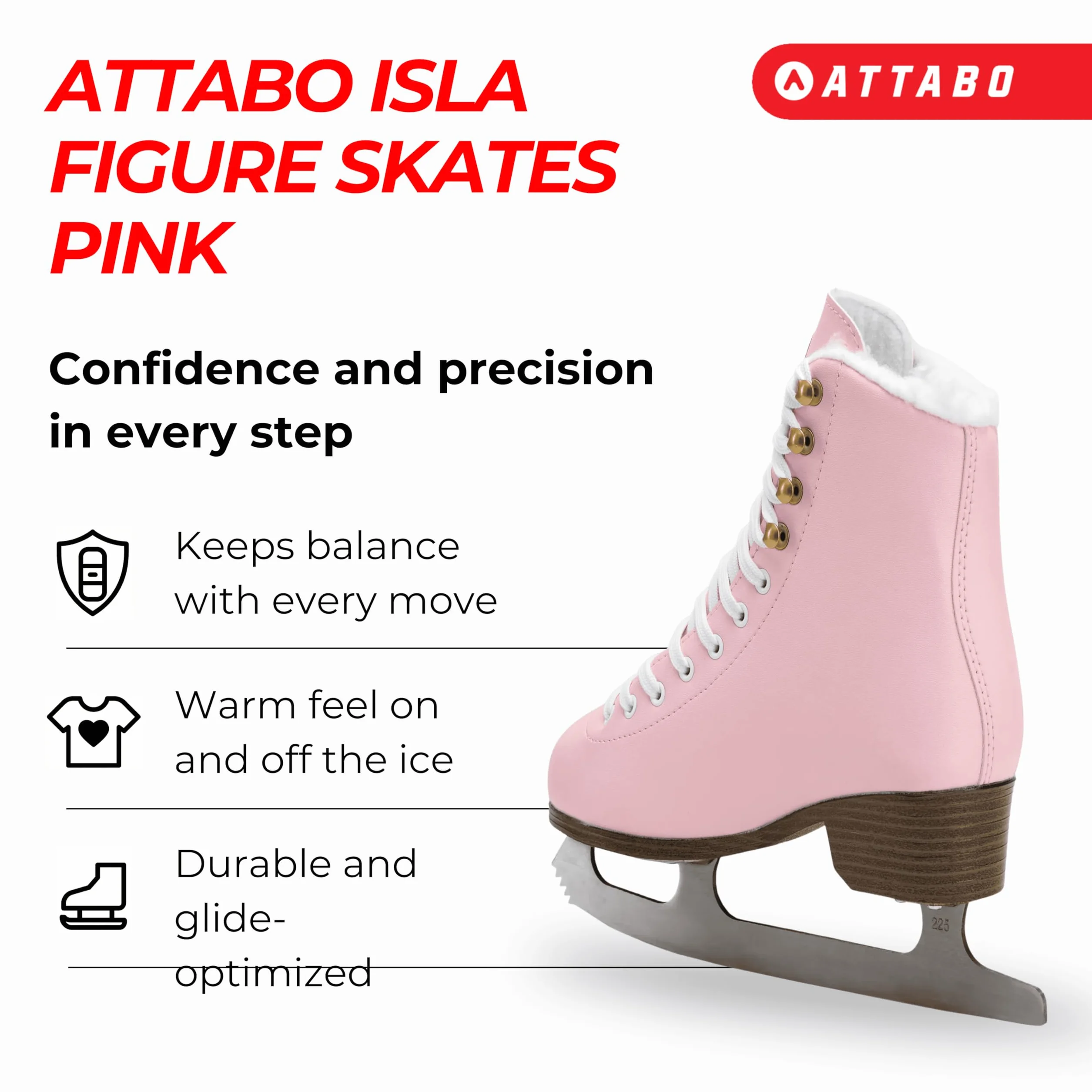 ATTABO Patines Artísticos para Mujeres Isla 37-41 EU Cuchilla Acero INOX PVC Soporte Tobillo Reforzado Negro Rosa
