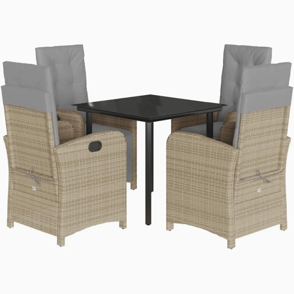 Hothingwell - Conjunto de jardín (5 piezas, ratán beige, mesa de vidrio templado) | Respaldo ajustable, cojines de goma extraíbles, lavable, resina trenzada duradera
