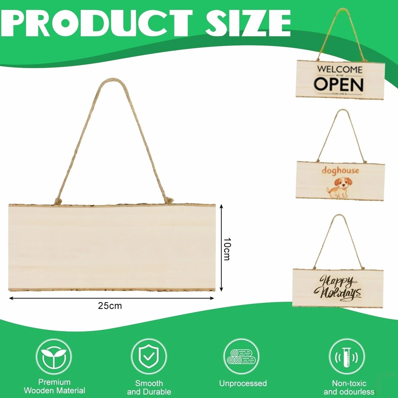 Pack de 4 Cartel Madera Colgante de Boj Macizo 25x10x1cm Letreros de Madera sin Terminar Placas para Manualidades Pirograbado y Grabar a Láser para Bodas, Jardines y Decoración Navidad