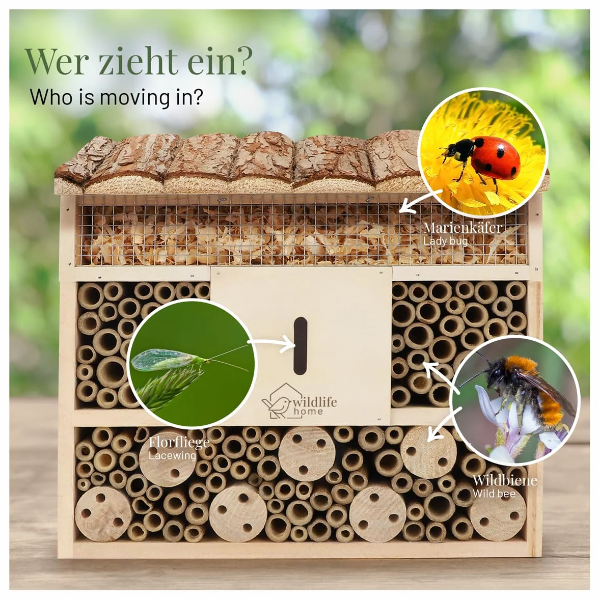 WILDLIFE HOME Hotel para insectos con techo de corteza I Sin tratar, casa de abejas de madera maciza para abejas, mariquitas y crisopas, casa de insectos I Nido para colgar hotel para insectos