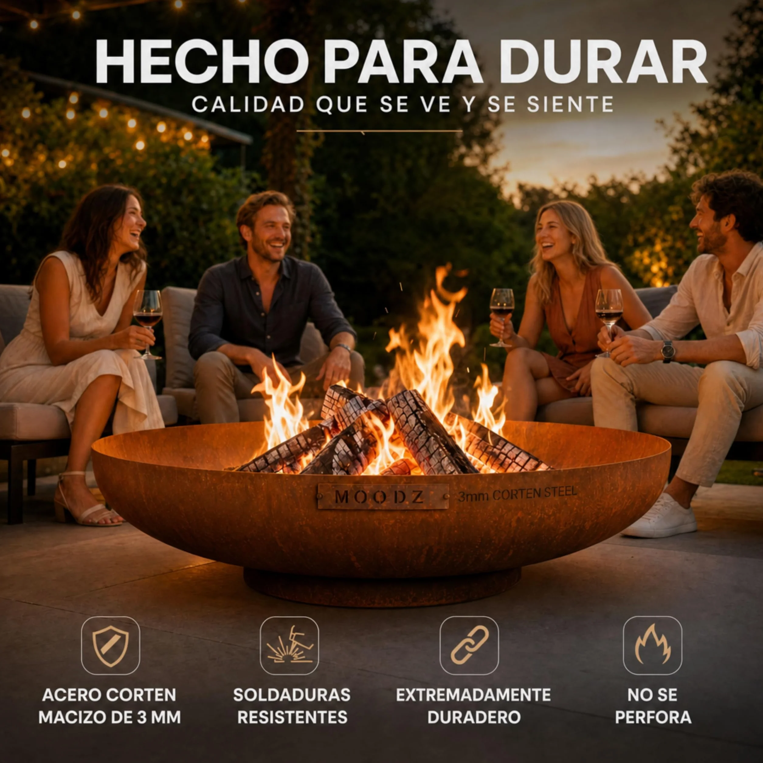 MOODZ Brasero de Exterior en Acero Corten Ø 100 cm - Pozo de Fuego Robusto de 3 mm de Espesor - Fogón de Jardín Resistente a la Intemperie - Gran Cuenco de Fuego para Terraza y Patio