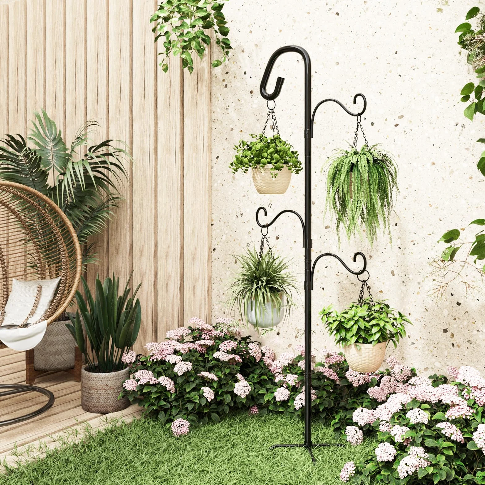 Bamworld Gancho de Pastor para Exterior 160cm Gancho de Pie Metálico con 3 Ganchos Ajustables y Base Estable de 4 Patas Para Macetas Colgantes, Plantas, Faroles, Patio, Jardín y Decoración