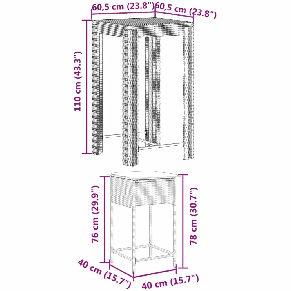 vidaXL Juego de Bar de jardín de 3 Piezas con Cojines ratán PE Gris, Mesa Alta y taburetes de Exterior, Juego de Bar, Juego de Muebles