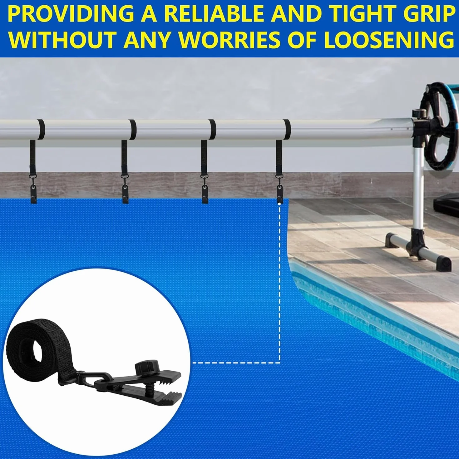 Enrollador de piscina – Bandas de sujeción – Juego de 8 bandas y grapas – Accesorios para sistema de enrollado móvil – Pantalla solar móvil para lonas