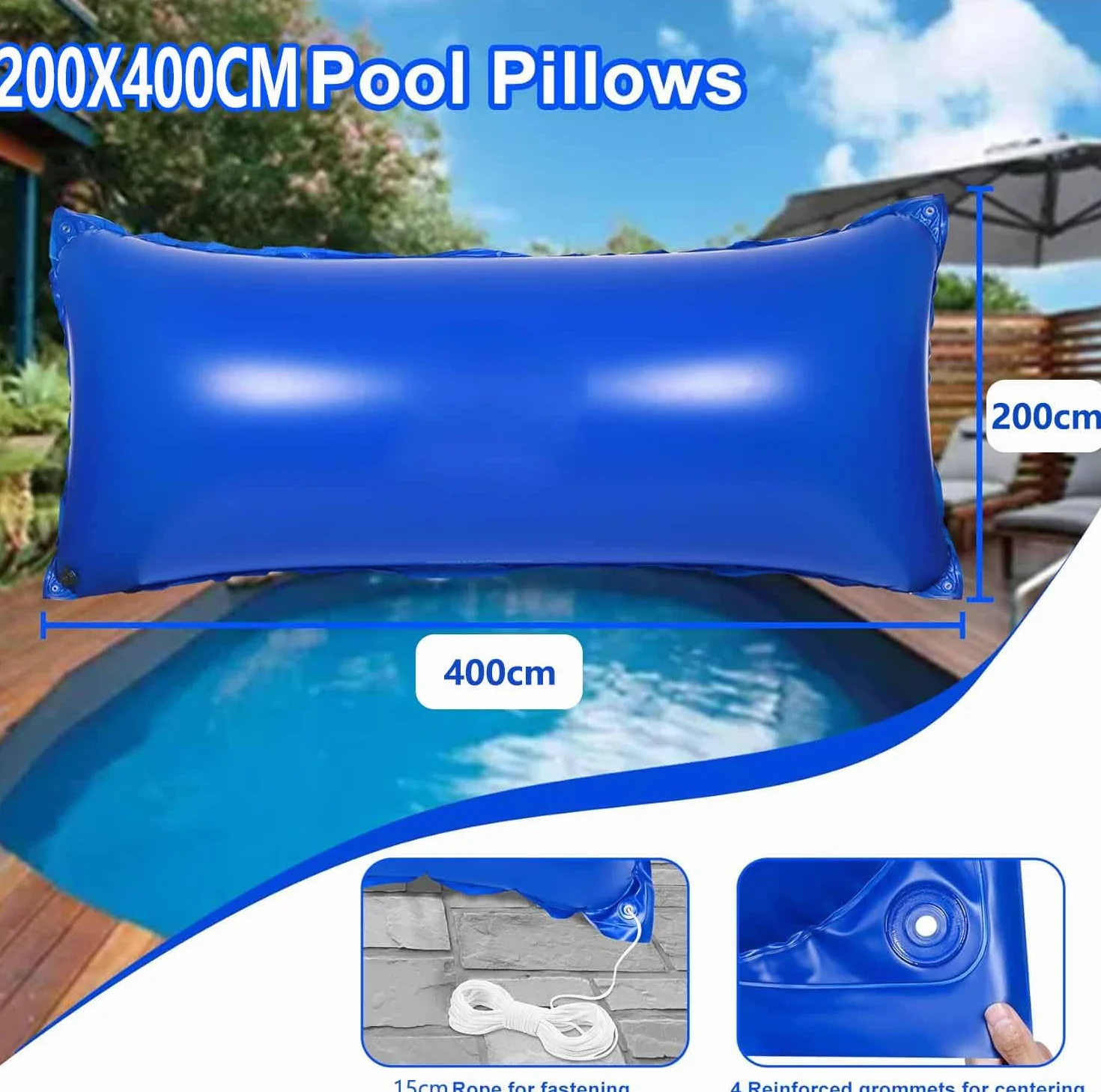 Panngu Cojín de piscina de 200 x 400 cm, cojín de aire para piscina de invierno XXL con bomba, globo de piscina de invierno, incluye kit de reparación para protección de piscina resistente al invierno