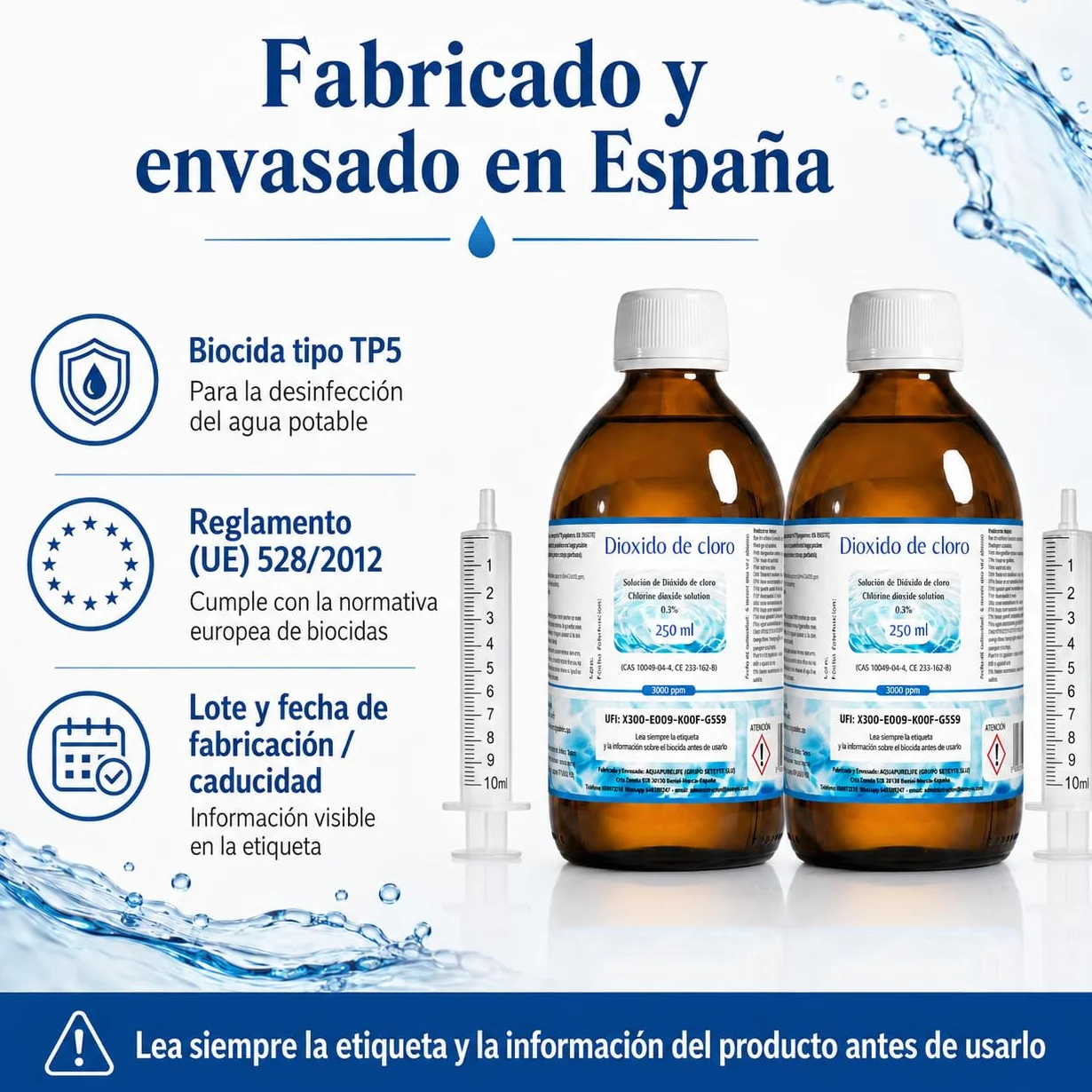 Dióxido de Cloro 3000 ppm - CDS | CDL - Envasado en Botella de Cristal Ámbar - 2 Botellas 250ml = 500ml - Compra Ahorro - Fabricado en España