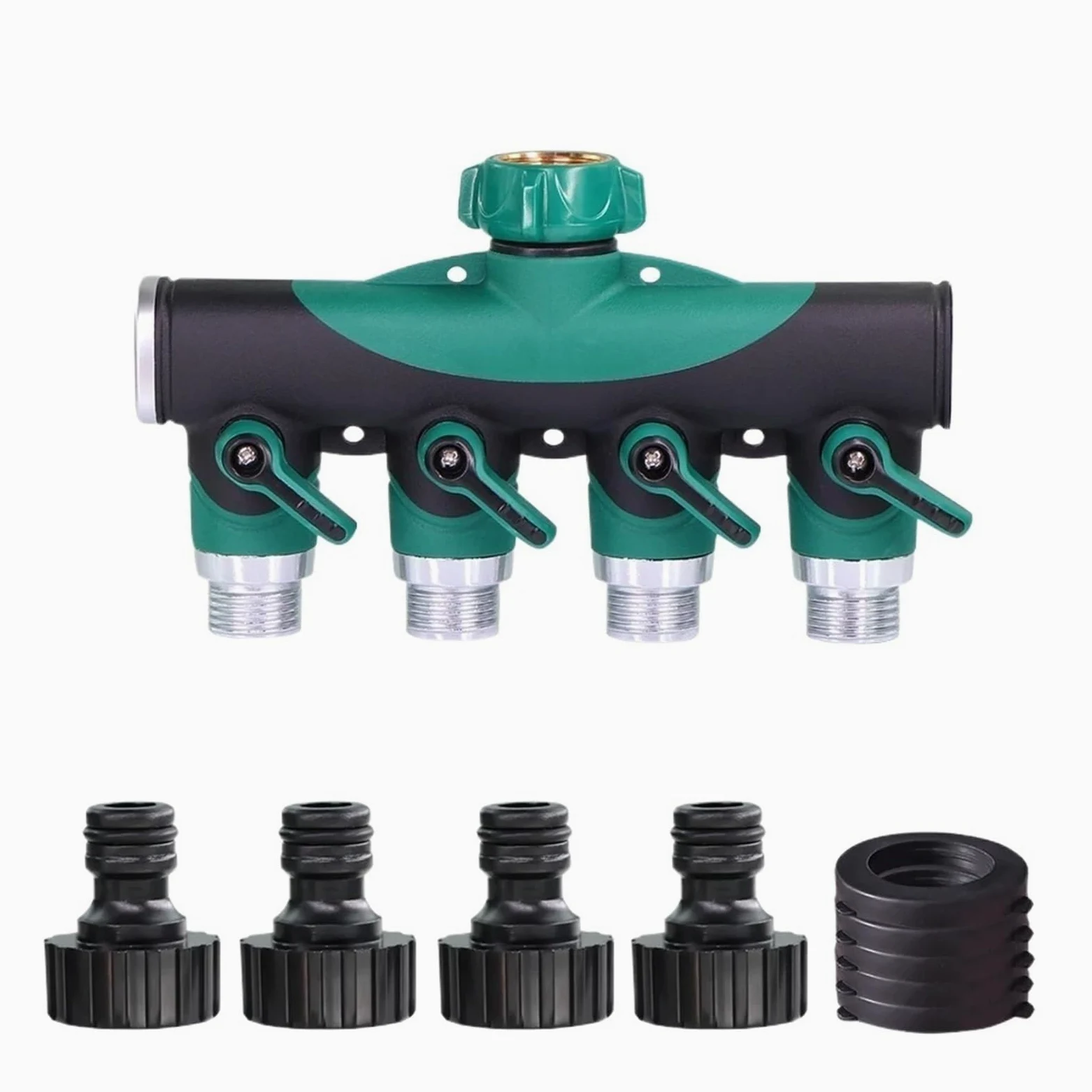 Divisores de Grifo Rosca 4 vías y 3/4 Pulgadas Metal Resistente con válvulas Cierre for Adaptador Manguera jardín Conectores Agua para JardíN(Green-BSP)