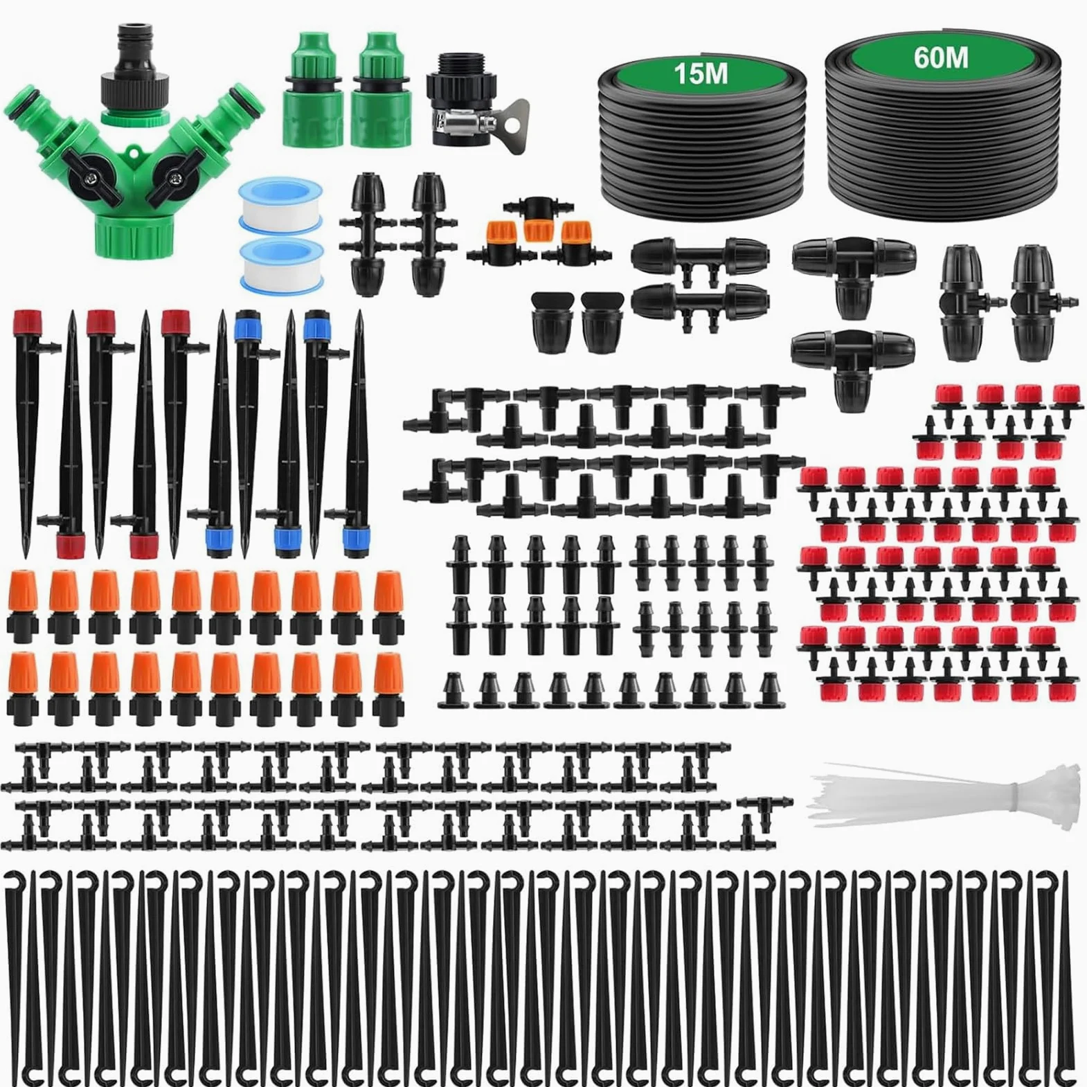 Sistema de Riego Jardín 315 PCS Sistema de Riego Por Goteo con 60 m + 15 m Tubos, Kit Riego Automatico Macetas para Jardín, Plantas, Invernadero, Macetas de Balcón