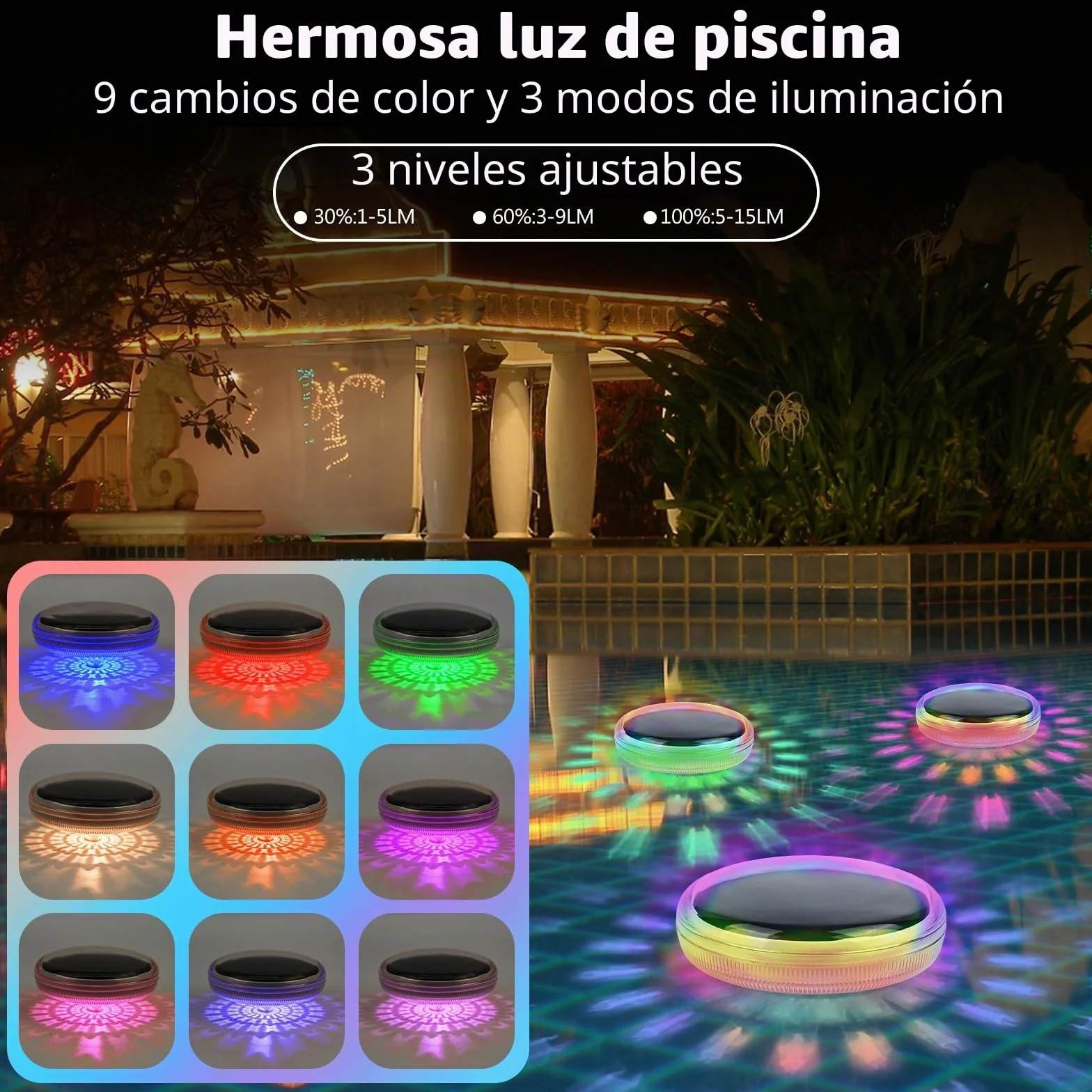 Gerbala Luz Solar Piscina Flotantes, luminación LED Subacuática Solar, Iluminación RGB con Cambio de Color para Piscina, IP68 Impermeable, para Decoración de Jardín y Piscinas (B)